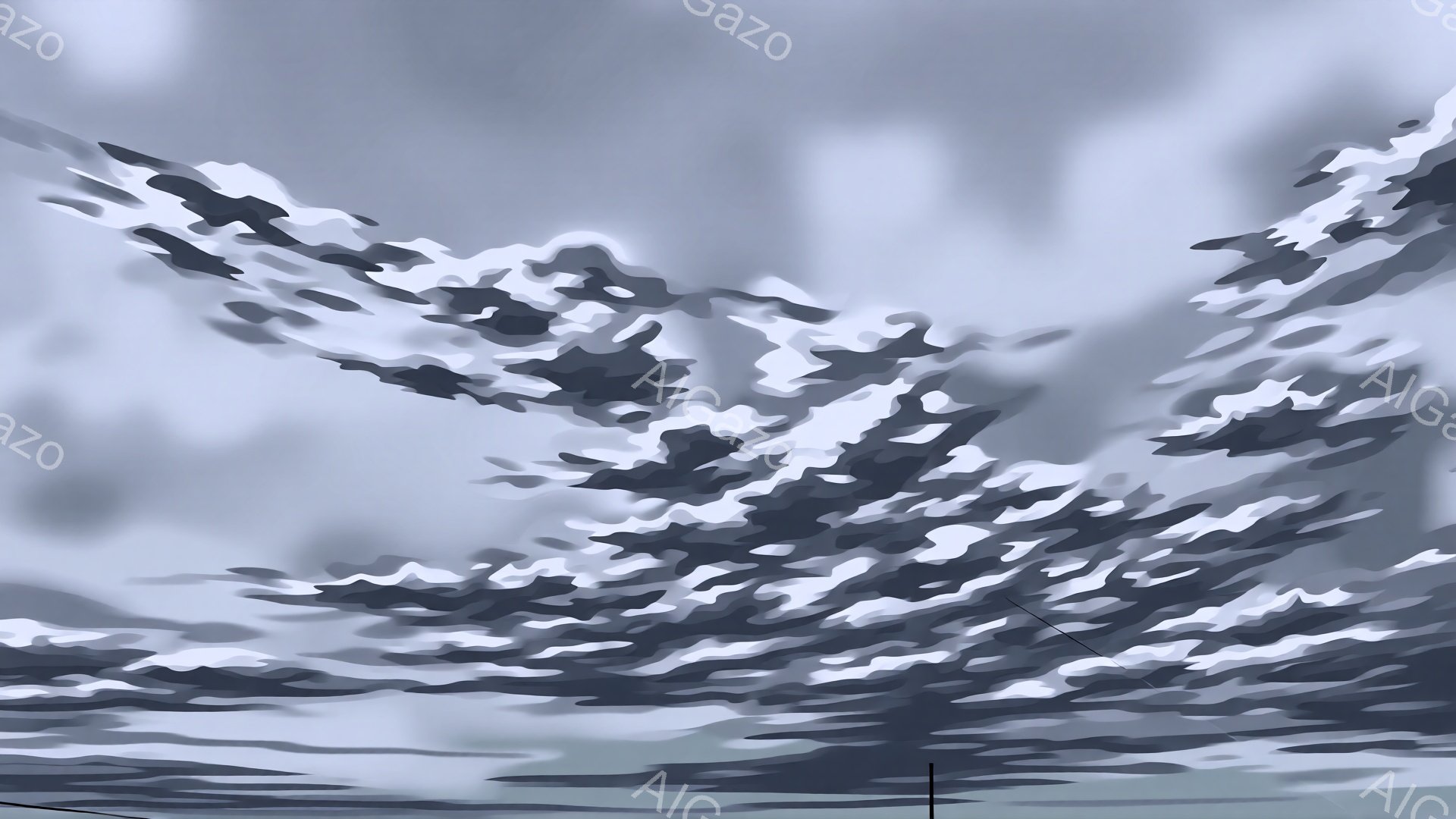 この画像は、暗い雲が広がる空を描いています。雲は白とグレーの色調で構成され、細かく波打つようなテクスチャで表現されています。空の下には、ぼんやりとした地平線が見え、全体的に重苦しい、嵐前の静けさのよう - AI生成フリー素材