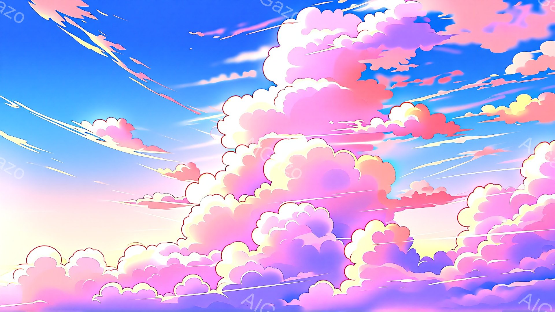 空一面にピンクと紫色の雲が広がっており、まるで綿菓子のようなふわふわとした質感です。雲の形は多様で、光の当たり具合によって色が変化し、幻想的な雰囲気を醸し出しています。背景は明るい水色からオレンジ色へとグラデーションがかかっており、鮮やかで穏やかな印象を与えます。