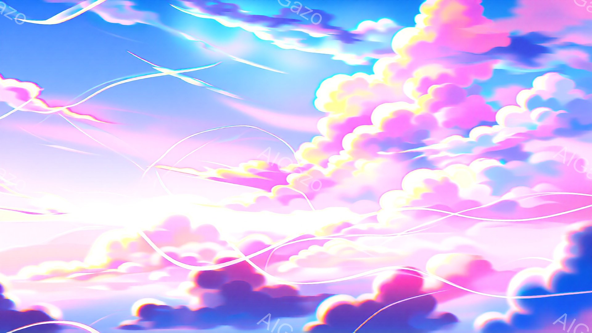 空一面に、ピンクと紫色の雲が広がっており、まるで綿菓子のようなふわふわとした質感が表現されている。雲の合間から強い光が差し込み、幻想的で夢のような雰囲気を醸し出している。白く光る線が雲の間を走り、まるで天界へと続く道を示しているかのようだ。