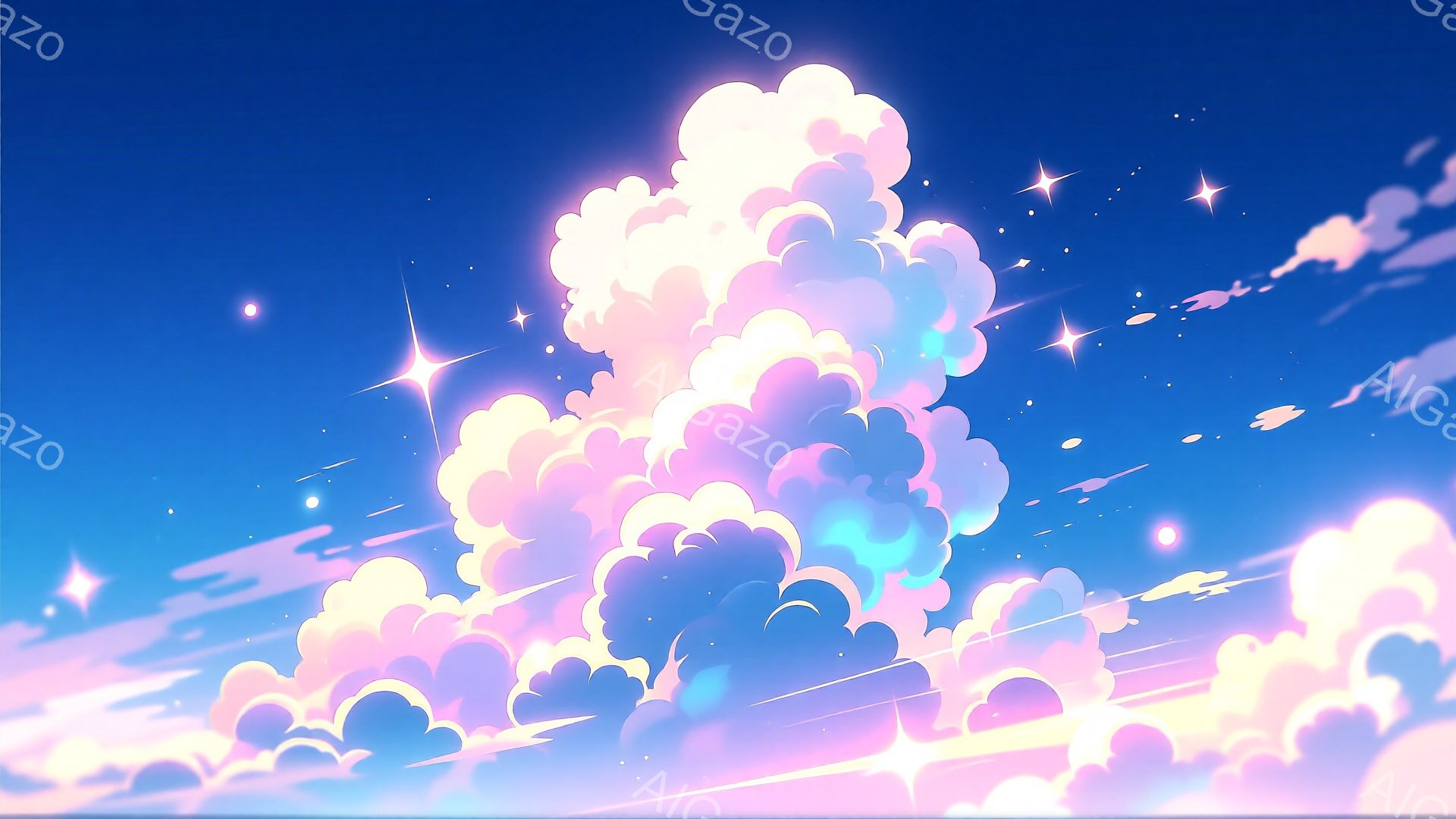 空は明るい青色からピンク色へとグラデーションしており、ふわふわとした雲が大きく広がっています。雲はピンク、紫、水色など、パステルカラーで彩られ、キラキラとした光が散りばめられています。全体的に夢見がちで幻想的な雰囲気で、まるで天国のような光景です。