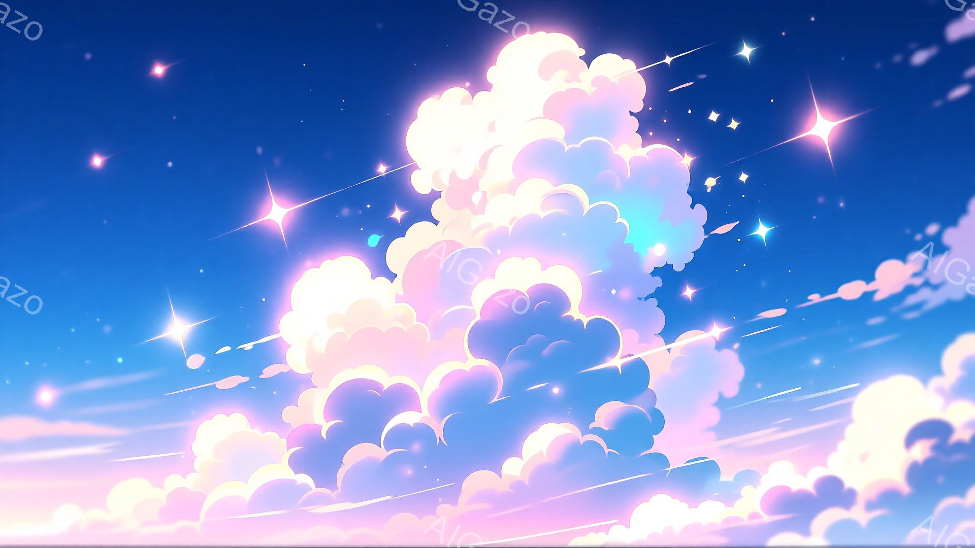 空は鮮やかな青からピンクへとグラデーションがかかっており、ふわふわとした白い雲が広がっています。雲はまるで綿菓子のように柔らかく、光を受けて淡いピンク色に染まっています。星が散りばめられた夜空は幻想的 - AI生成フリー素材