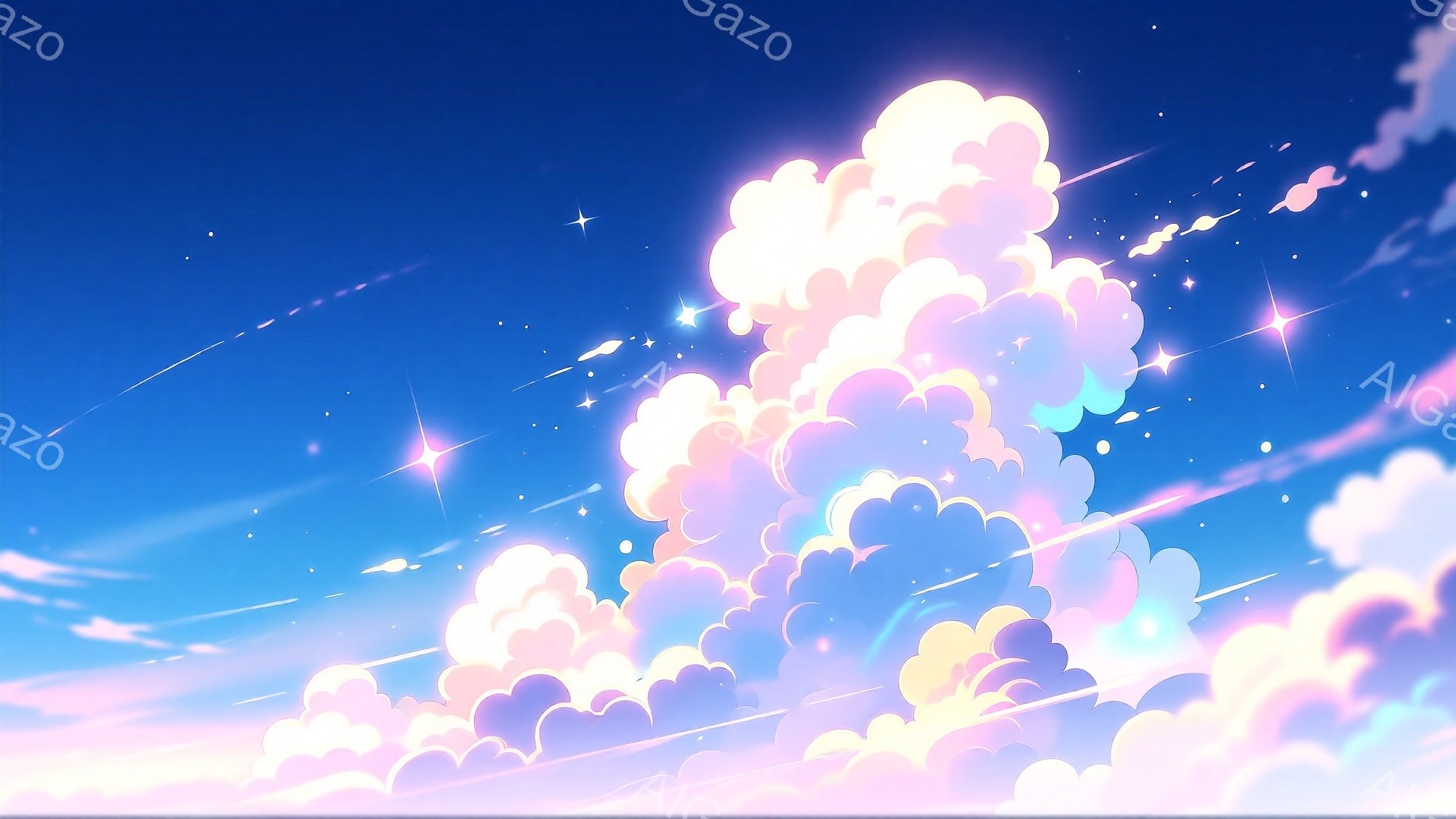 空は鮮やかな青色から淡いピンク色へとグラデーションがかかっており、ふわふわとした白い雲が空一面に広がっています。雲は綿菓子のように柔らかい印象で、太陽の光を浴びて淡いピンクや水色に染まっています。きら - AI生成フリー素材