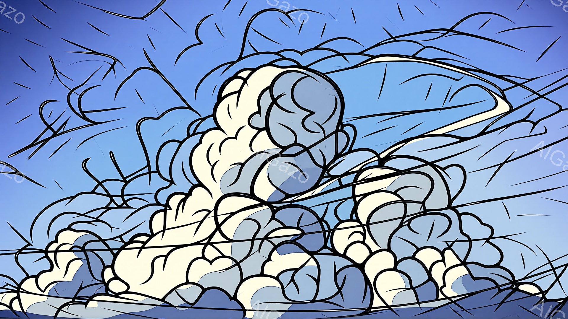 鮮やかな青色の背景に、波のような曲線で構成された抽象的な人物像が描かれています。人物は丸まって膝を抱え、顔を隠しているため、表情は読み取れませんが、どこか不安げな印象を与えます。背景には、さらなる曲線が放射状に広がり、ダイナミックで不安定な雰囲気を醸し出しています。