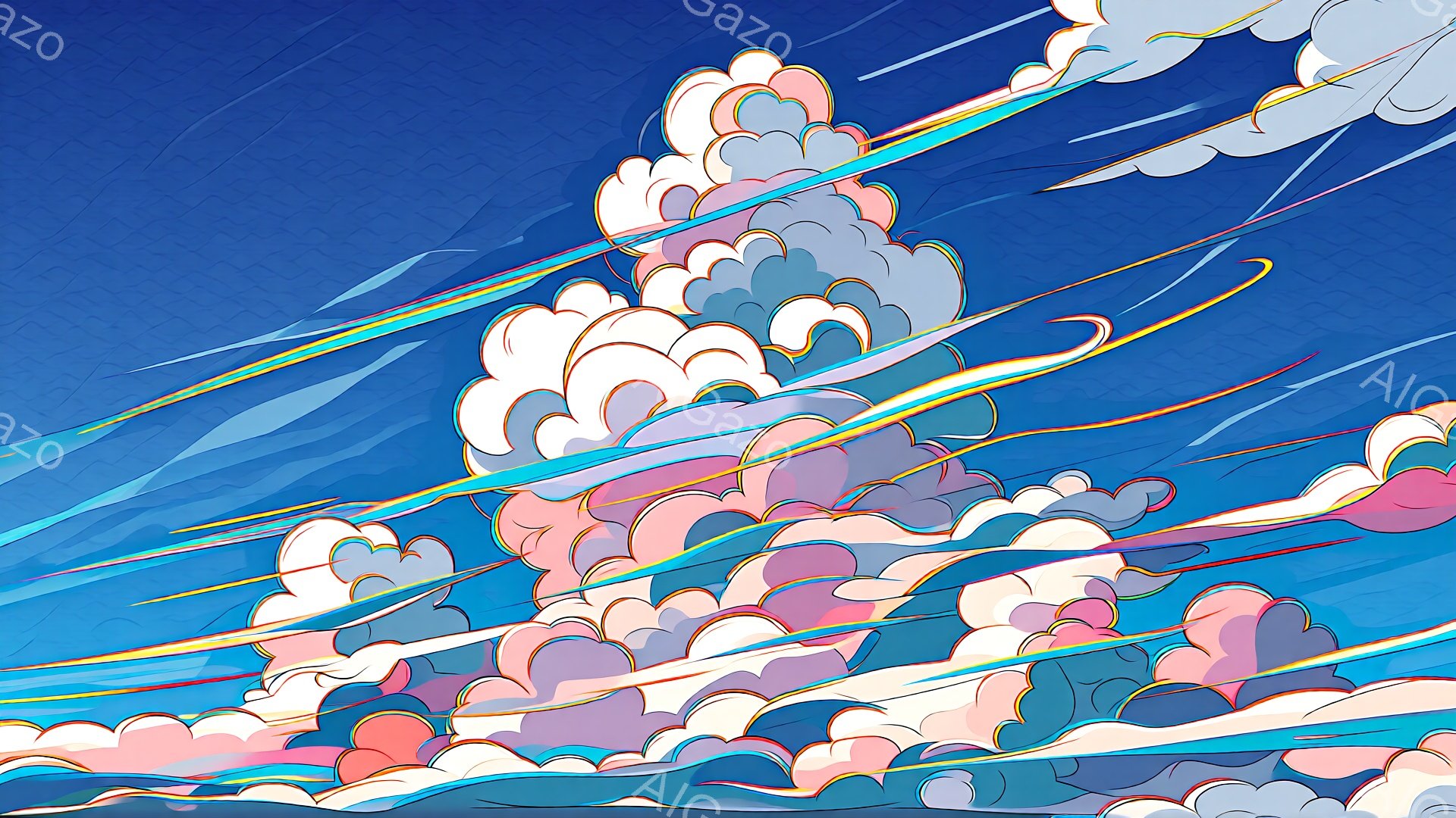 鮮やかな青色の空を背景に、ピンクやオレンジ色の雲が幾重にも重なり合って描かれています。雲は丸みを帯びており、まるで綿菓子のようにも見え、流れるような光の帯が空を横切ることで、躍動感と幻想的な雰囲気が生まれています。全体として、明るく希望に満ちた、夢のような情景が表現されています。