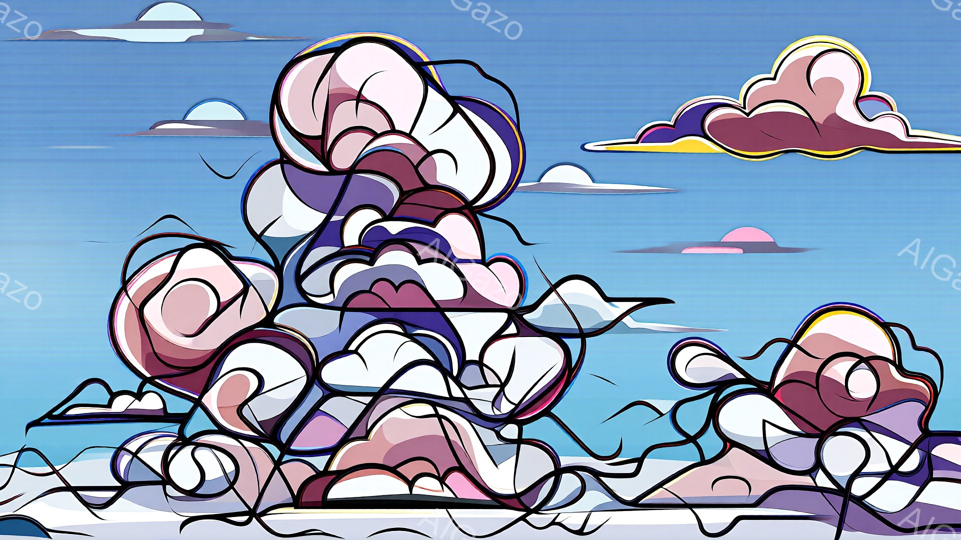 この画像は、鮮やかな色彩と大胆な線画が特徴の抽象的な風景画です。ピンク、紫、白のグラデーションがかった雲が、青い空を背景にダイナミックに配置され、まるで生きているかのようにうねり、渦巻いています。画面下部には、雪のような白い線が描かれており、雲と空とのコントラストを強調しています。