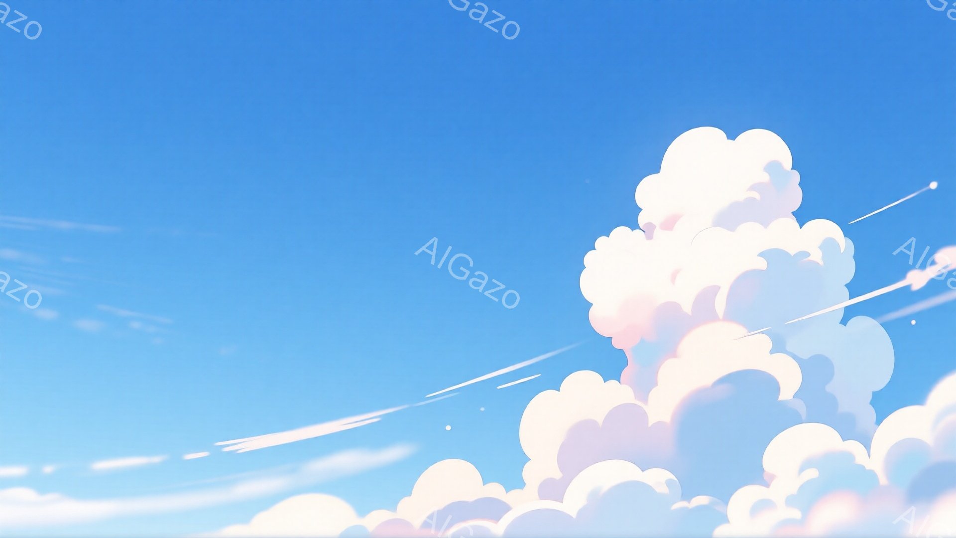 鮮やかな青空に、もくもくとした白い雲が浮かんでいる。雲はピンク色を帯びており、まるで綿菓子のように柔らかい印象を与える。空には、飛行機雲が数本伸びており、静かで穏やかな雰囲気を演出している。