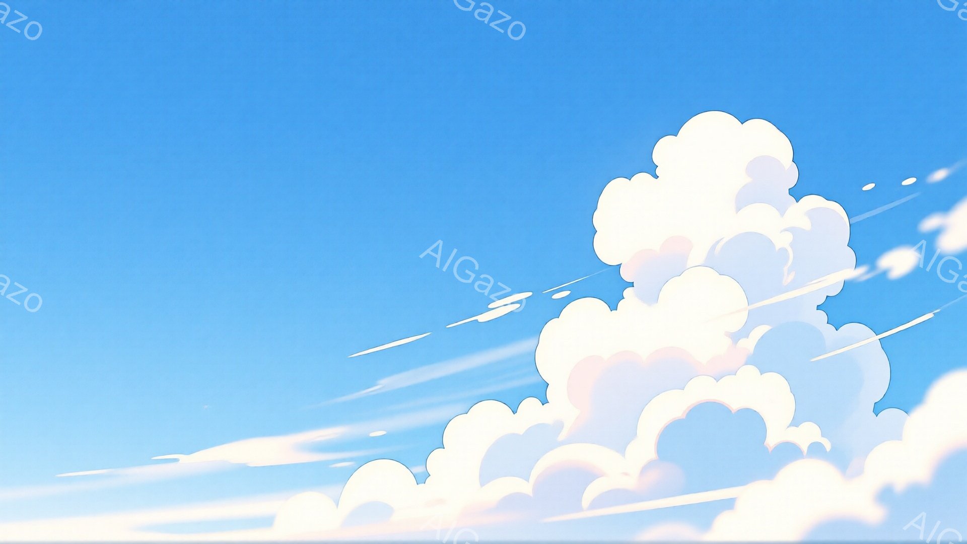 鮮やかな青空に、ふわふわとした白い雲が浮かんでいます。雲は様々な形をしており、まるで綿菓子のように柔らかい印象を与えます。空には、飛行機雲が数本、雲を横切るように伸びています。