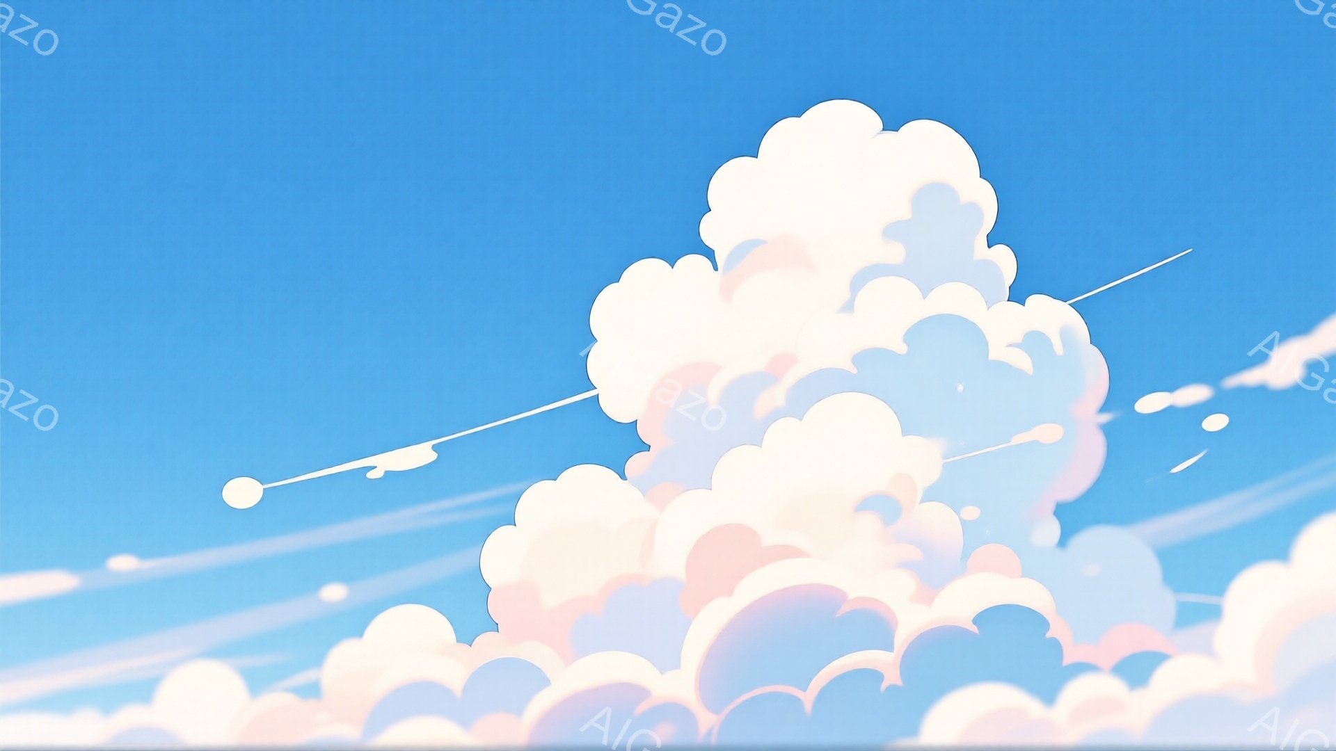 空は明るい水色で、ふわふわとした桃色と白の雲が大きく広がっています。雲の間を、白い機体が尾を引く飛行機が数機、横切って飛んでいます。全体的に穏やかで夢のような、空と雲の美しい風景です。