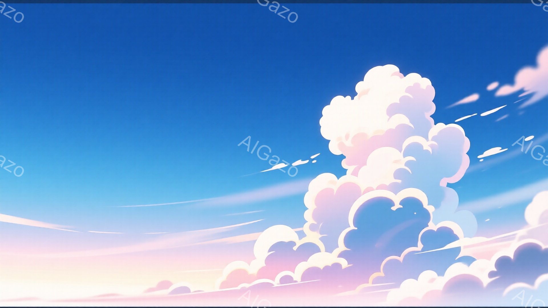 広大な青空に、ふんわりとした白い雲が浮かんでいる。地平線付近には、淡いピンク色のグラデーションが見られ、夕焼けか朝焼けを思わせる穏やかな雰囲気である。雲はまるで綿菓子のように柔らかく、空にはわずかな飛行機の白線が点在している。