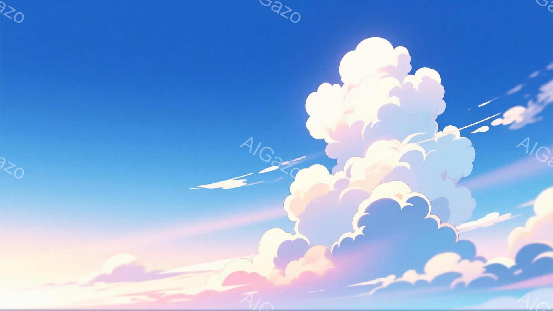 空は鮮やかな青色から淡いピンク色へとグラデーションがかかっており、もくもくとした白い雲が印象的です。雲は大きく、ふっくらとしており、まるで綿菓子のように見えます。全体的に穏やかで、夢見がちな、平和な雰 - AI生成フリー素材