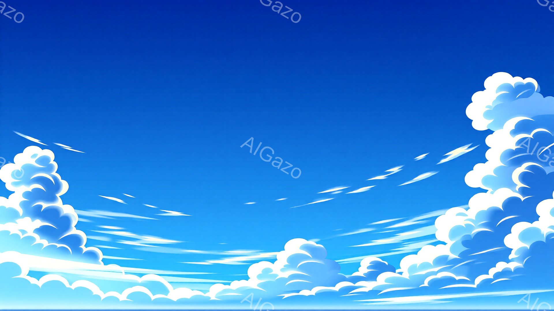 青空に白い雲が浮かび、まるで絵のような風景が広がっています。雲はふわふわとした綿のような形をしており、空の青さとコントラストをなしています。全体的に爽やかで晴れやかな、開放感のある雰囲気です。