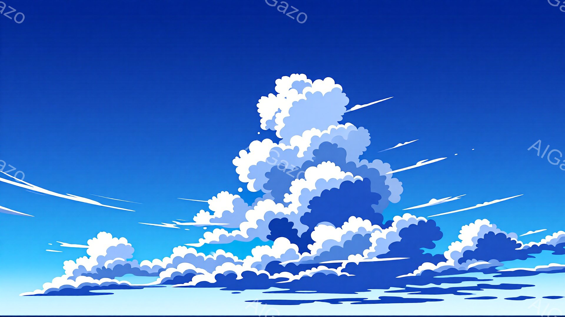 鮮やかな青空に、白い雲が大きく広がっています。雲はまるで山のように積み重なり、光と影のコントラストが美しいです。空には細い飛行機雲が走り、開放的で爽やかな雰囲気を醸し出しています。