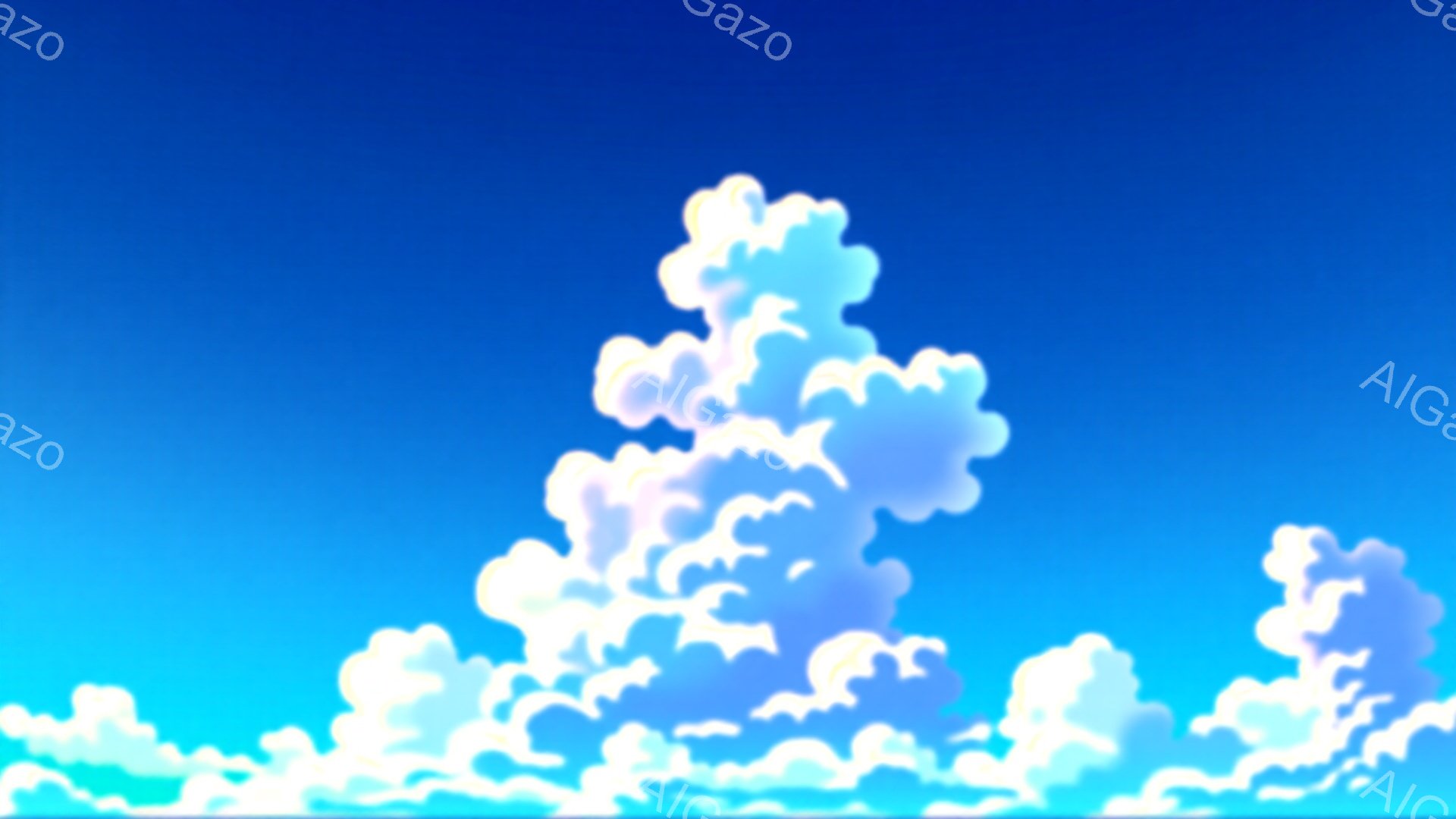 鮮やかな青空に、白くふわふわとした雲が広がっています。雲は様々な形をしており、まるで綿菓子のように見えます。全体的に明るく開放的な、爽やかな雰囲気です。