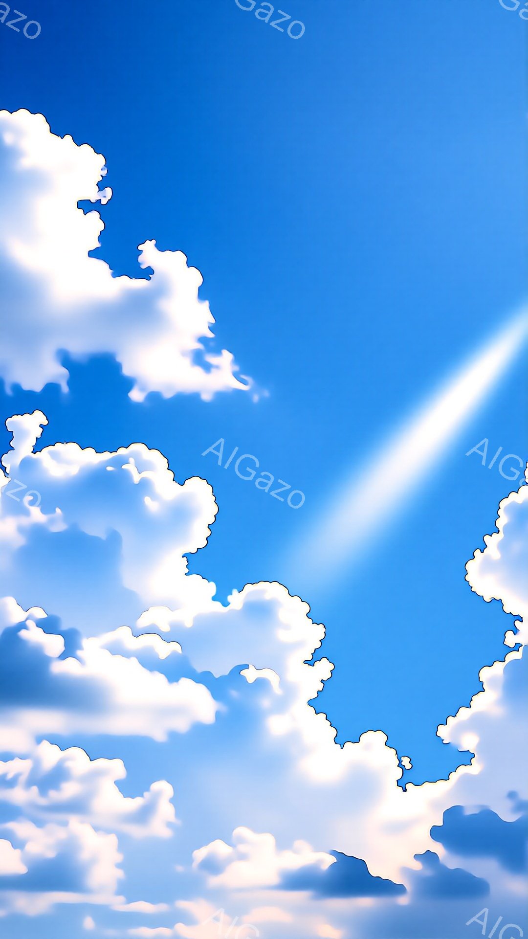 鮮やかな青空に、ふわふわとした白い雲が広がり、強い日差しが雲の間から差し込んでいる。雲は様々な形をしており、まるで綿菓子のようにも見える。全体的に晴れやかで、希望に満ちた雰囲気である。