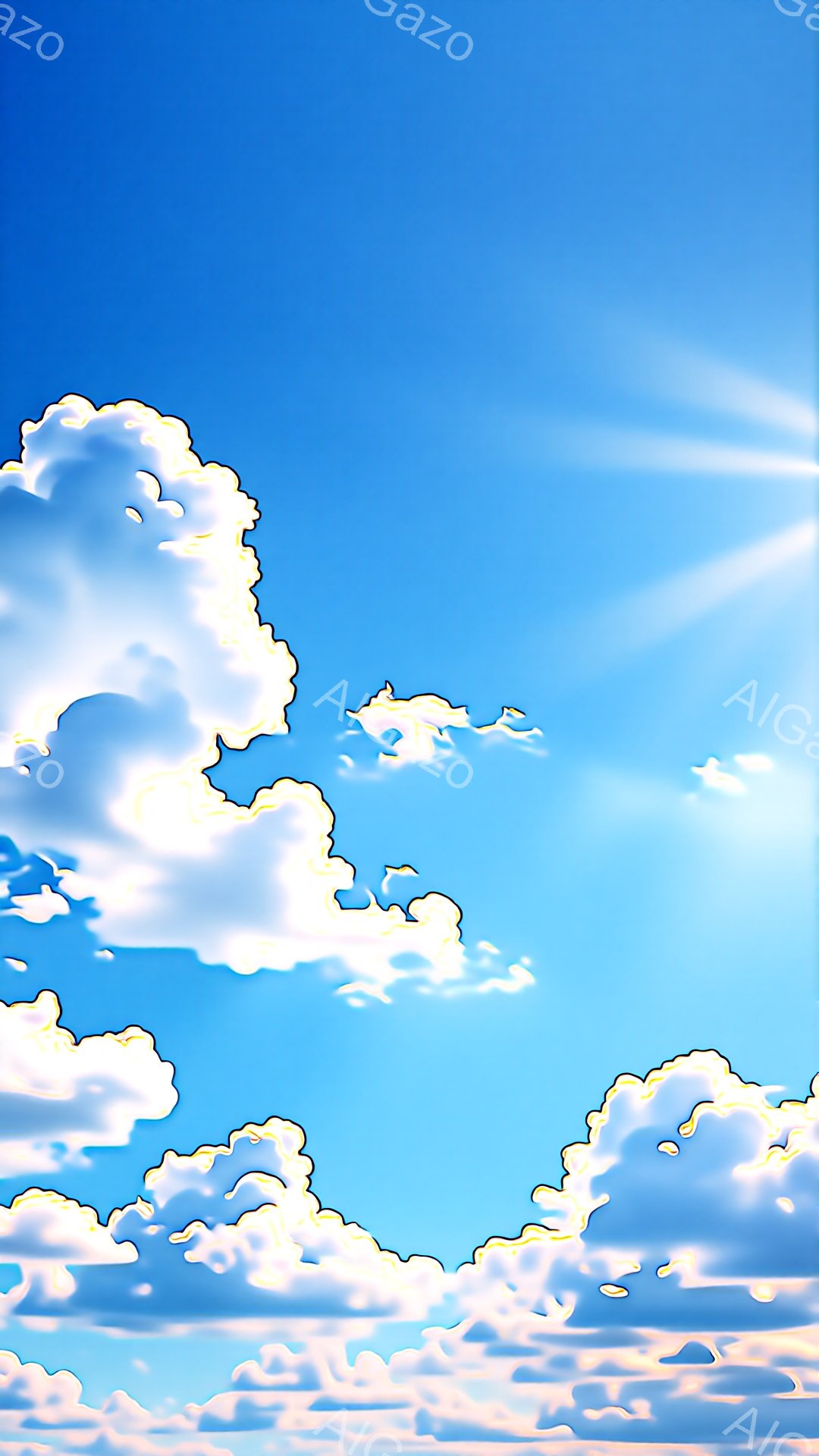 鮮やかな青空に、白い雲が浮かんでいる様子が描かれています。雲はフワフワとした綿のような形をしており、ところどころに光が当たって輝いています。全体的に明るく、穏やかな雰囲気で、夏の晴天を思わせます。 - AI生成フリー素材