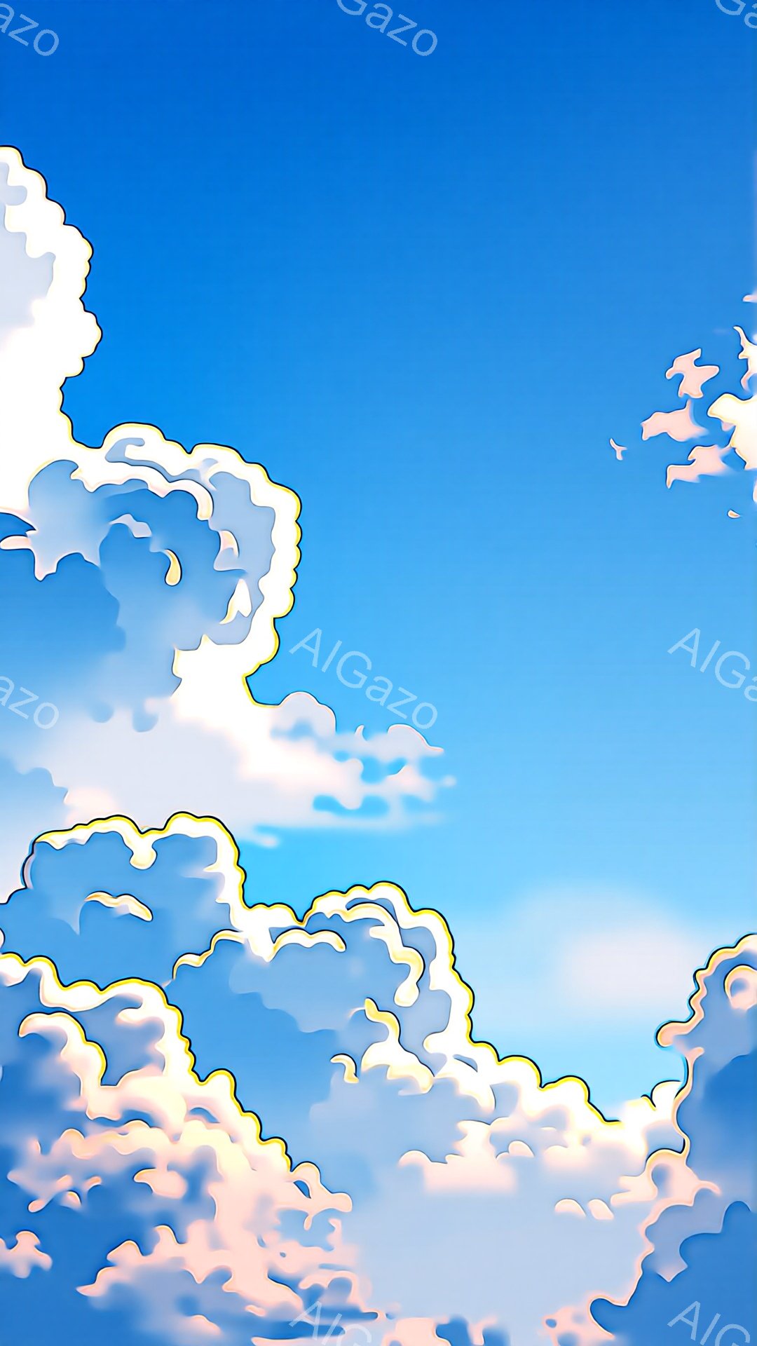 青空にふわふわとした白い雲が広がり、ところどころにピンク色の縁取りが見られます。雲はまるで綿菓子のように丸みを帯びており、空全体が柔らかく穏やかな印象を与えます。遠方には小さな鳥が数羽、飛んでいるのが確認できます。