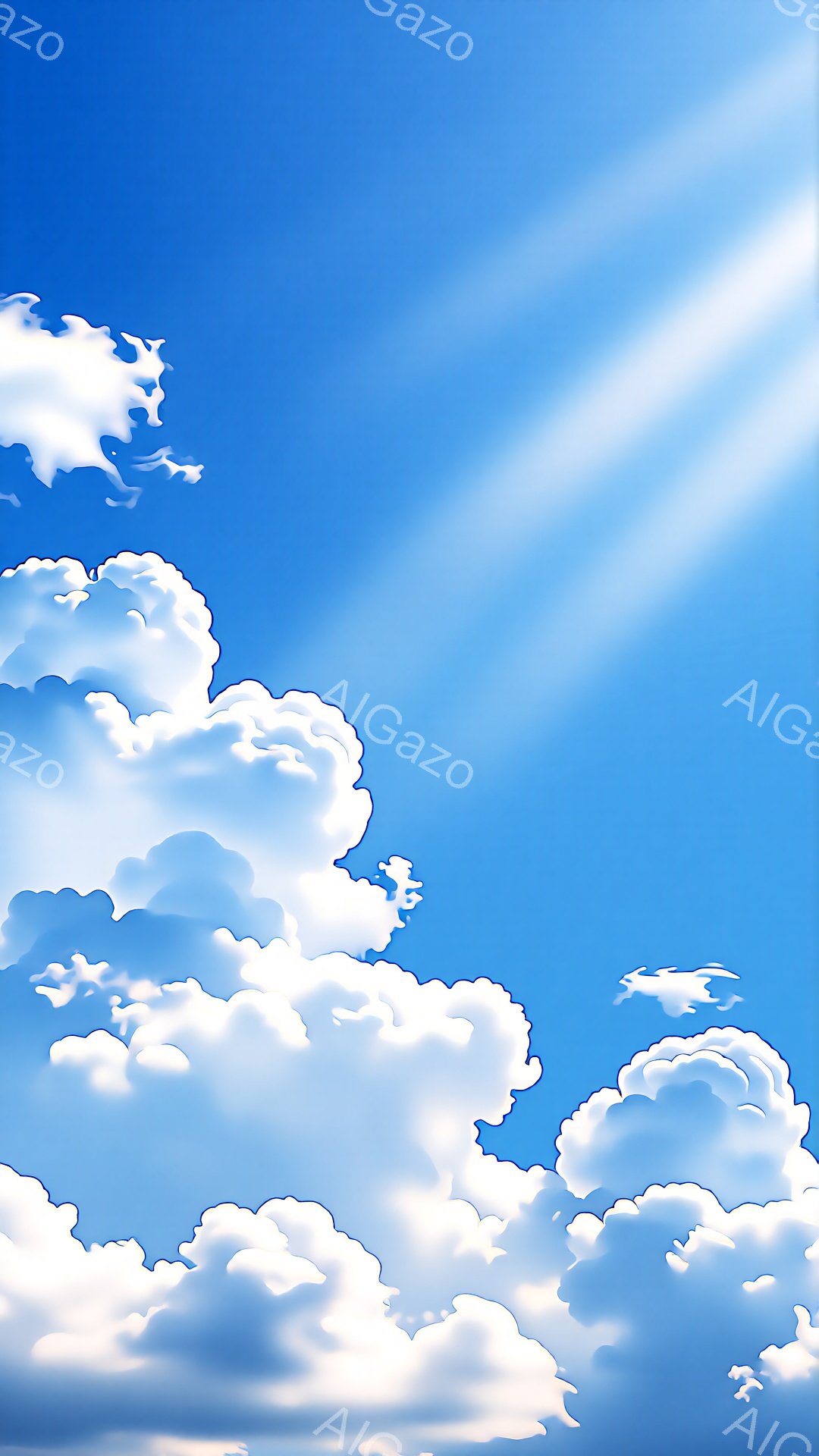 青空にふわふわとした白い雲が広がっている様子が描かれています。雲は様々な形をしており、太陽の光を浴びて明るく輝いています。全体的に爽やかで穏やかな雰囲気を感じさせます。 - AI生成フリー素材