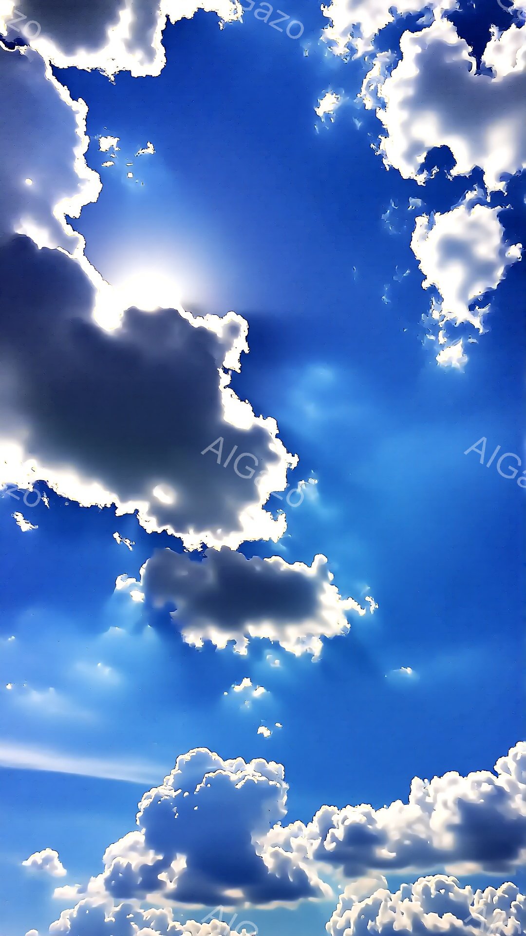 広大な青空に、白い雲が浮かんでいます。太陽が雲の隙間から強く光り、空全体を明るく照らしています。雲の形は多様で、ふかふかとした綿のような質感と、重厚な影が印象的です。