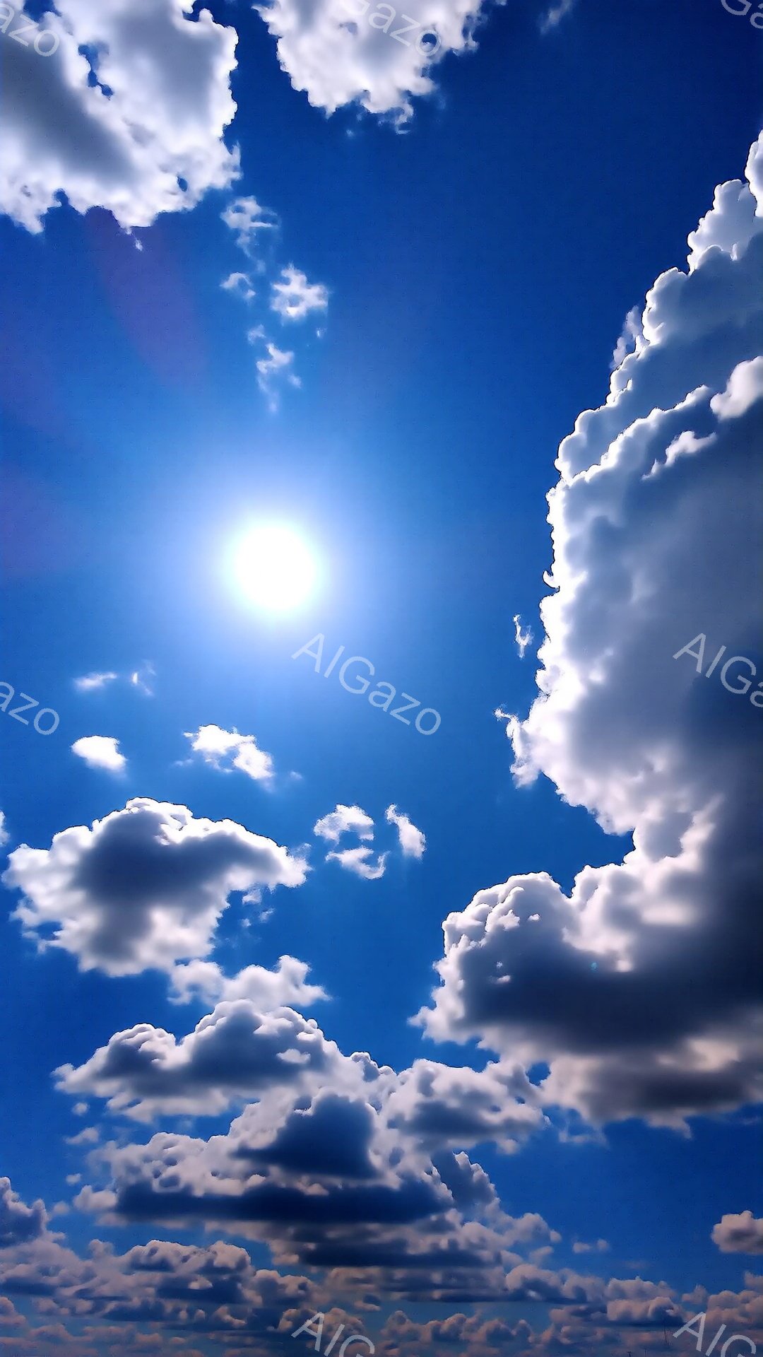 広大な青空に、白い雲がふわふわと浮かんでいます。太陽は雲の切れ間から強く光り、明るく爽やかな印象を与えます。雲の形は様々で、綿菓子のように柔らかく、穏やかな空模様です。 - AI生成フリー素材