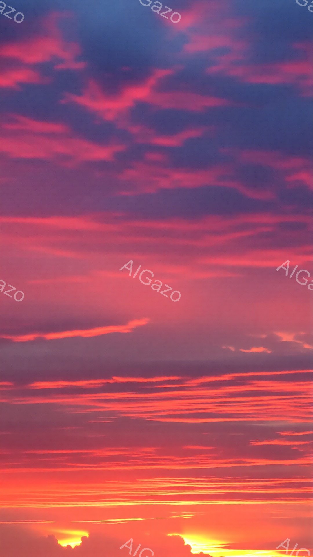 空全体が燃えるような赤、オレンジ、紫色のグラデーションで覆われています。雲は水平方向に長く伸び、まるで燃え盛る炎のようであり、夕焼けまたは日の出の壮大な光景を描き出しています。地平線近くには暗いシルエットが見え隠れし、力強く美しい大自然の息吹を感じさせます。