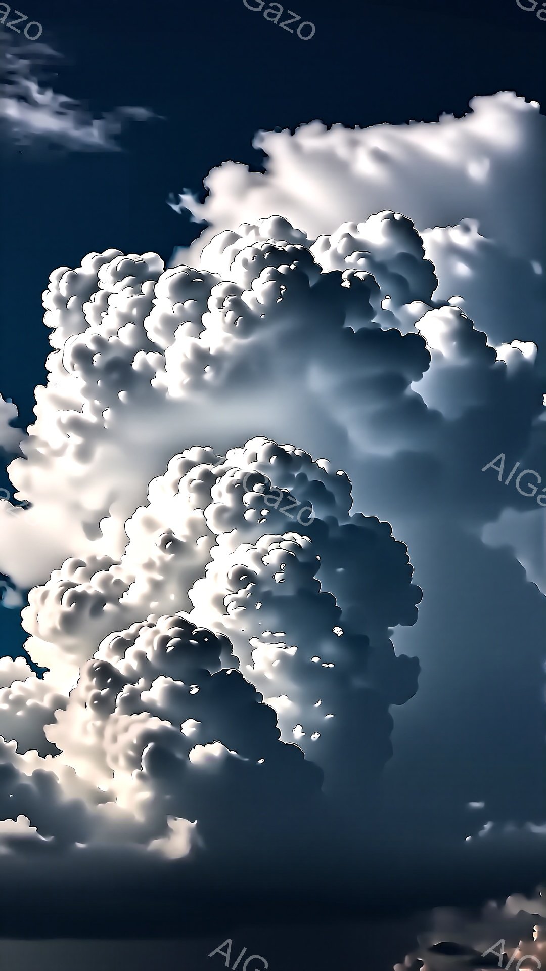 巨大な積乱雲が画面を占め、白くふわふわとした塊が力強く空にそびえ立っています。暗い青色の背景と雲の鮮明なコントラストが、迫力と壮大さを強調しています。雲の形状は複雑で、光と影が織りなす様子が、自然の力強さと美しさを表現しています。