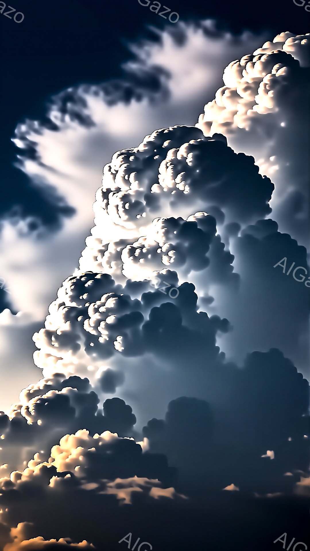 巨大な雲が画面全体を覆っており、その形はまるで燃え盛る炎のようである。雲は明るい白と暗いグレーの色調で構成され、光が当たっている部分は輝き、影の部分は深みを増している。この雲の構図は、力強く、ドラマテ - AI生成フリー素材