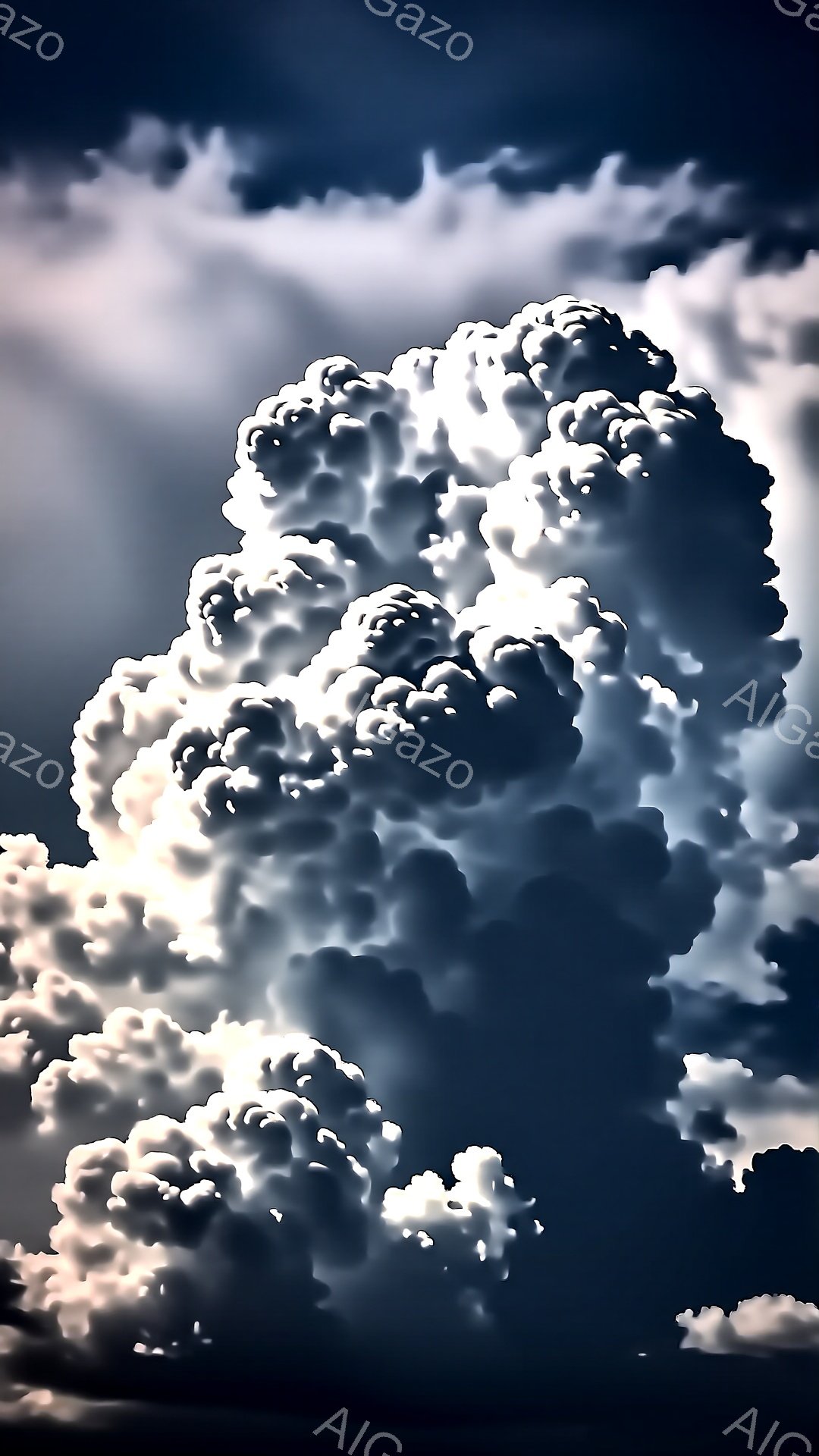 巨大な積乱雲が画面を覆い、ドラマチックな光と影を作り出しています。雲は白く明るい部分と、暗く重い部分が混ざり合い、迫力と畏怖の念を抱かせます。太陽光が雲の隙間から差し込み、雲の形を際立たせています。