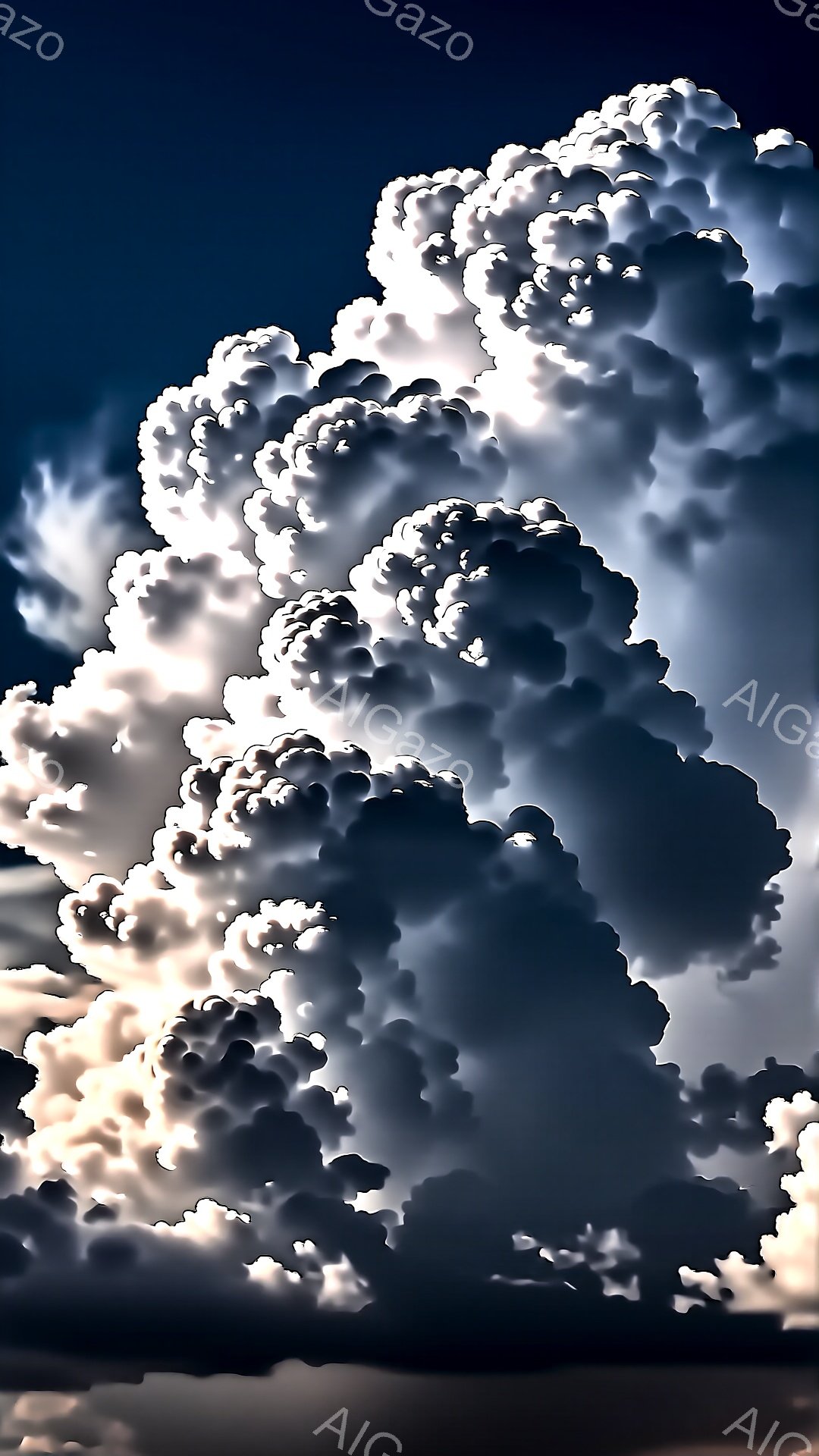 巨大な積乱雲が画面を埋め尽くし、重厚な影と白い光のコントラストが印象的です。雲はまるで生き物のようにうねり、力強いエネルギーを感じさせます。空は暗く、嵐が近づいているような、または過ぎ去ったばかりのよ - AI生成フリー素材