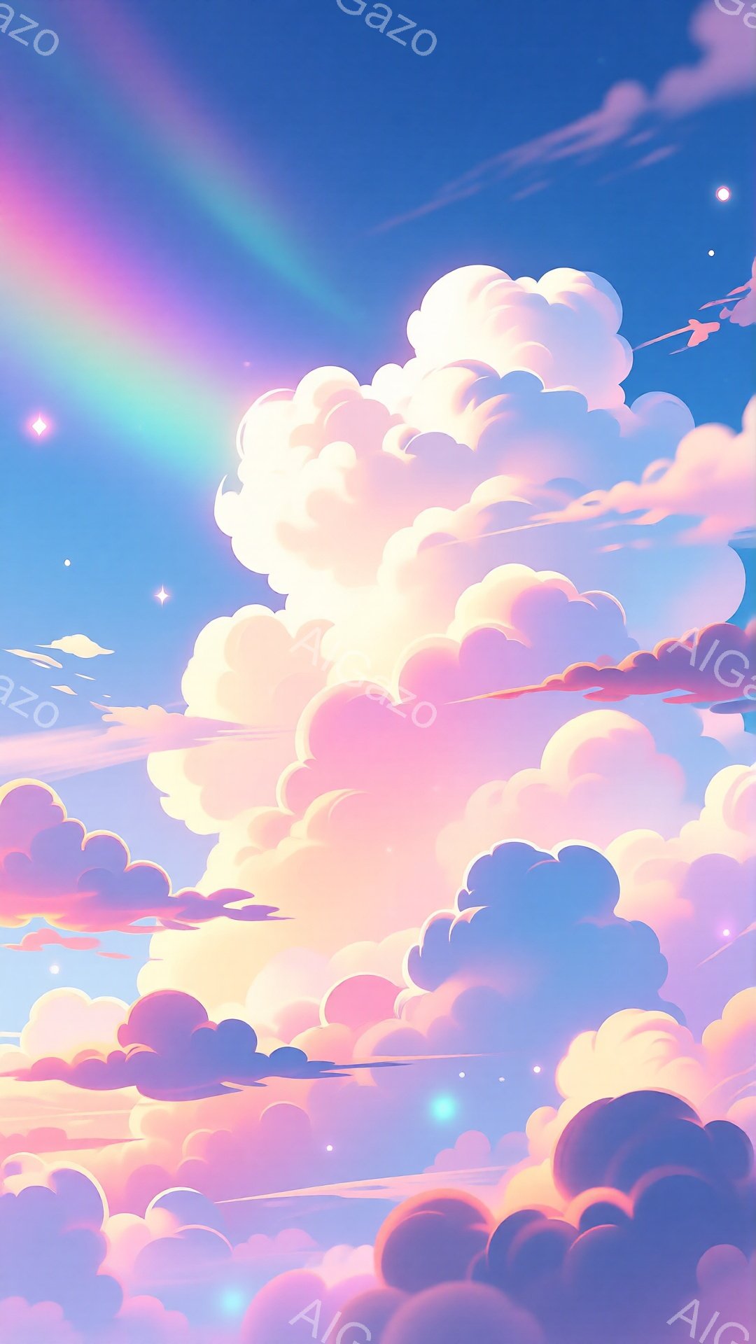 広大で幻想的な空が描かれており、ピンク、紫、オレンジ色の雲がふわふわと漂っている。雲は綿のように柔らかく、鮮やかな光線が空を横切って幻想的な雰囲気を醸し出している。全体的に穏やかで夢幻的な空模様が、見る人に安らぎと希望を与える。