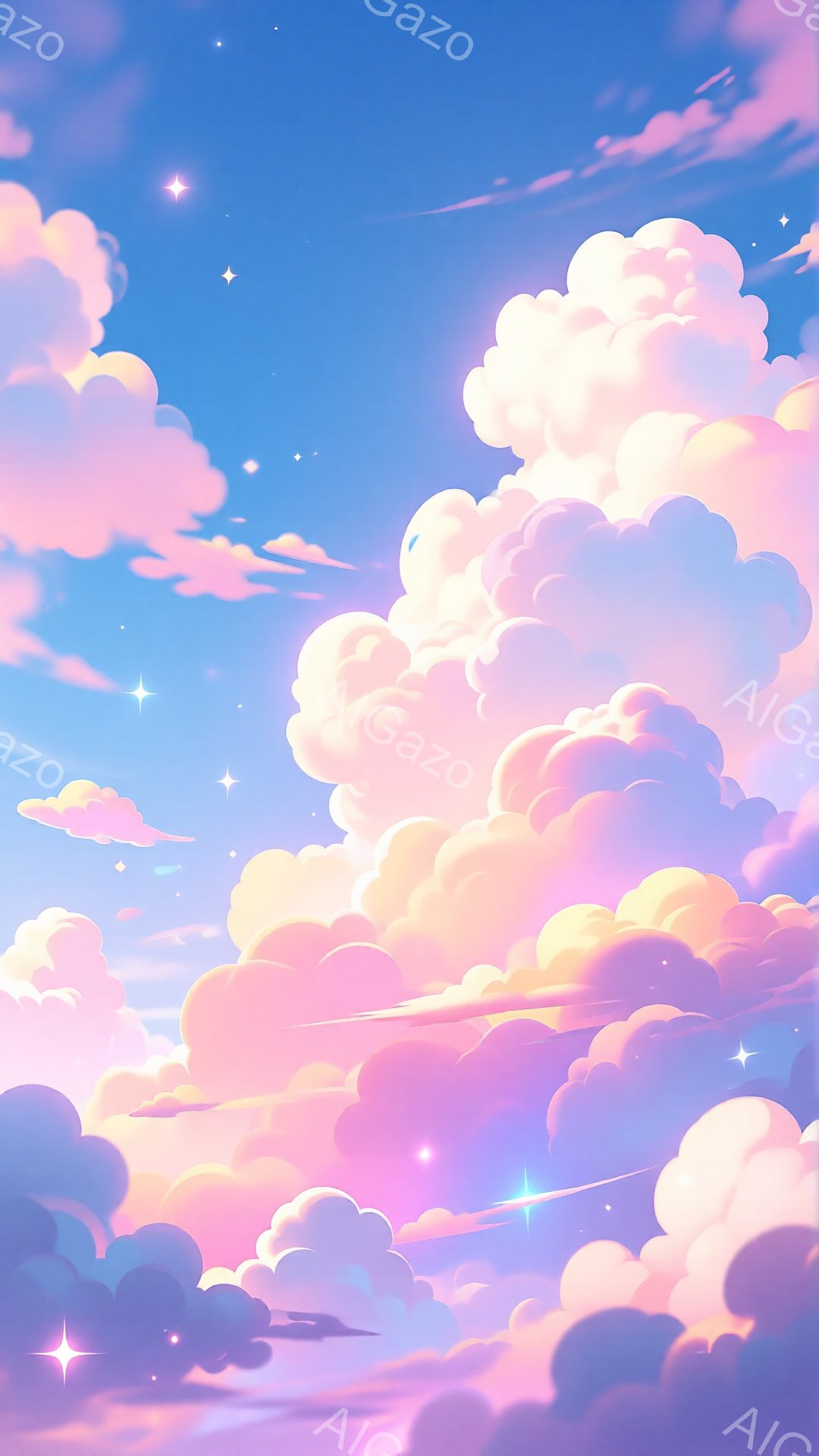 広大な空には、ピンク、紫、白の色合いのふんわりとした雲が広がっています。雲はまるで綿菓子のように柔らかく、ところどころに星が輝き、幻想的な雰囲気を醸し出しています。空の色は、薄い青からピンク、紫へとグ - AI生成フリー素材