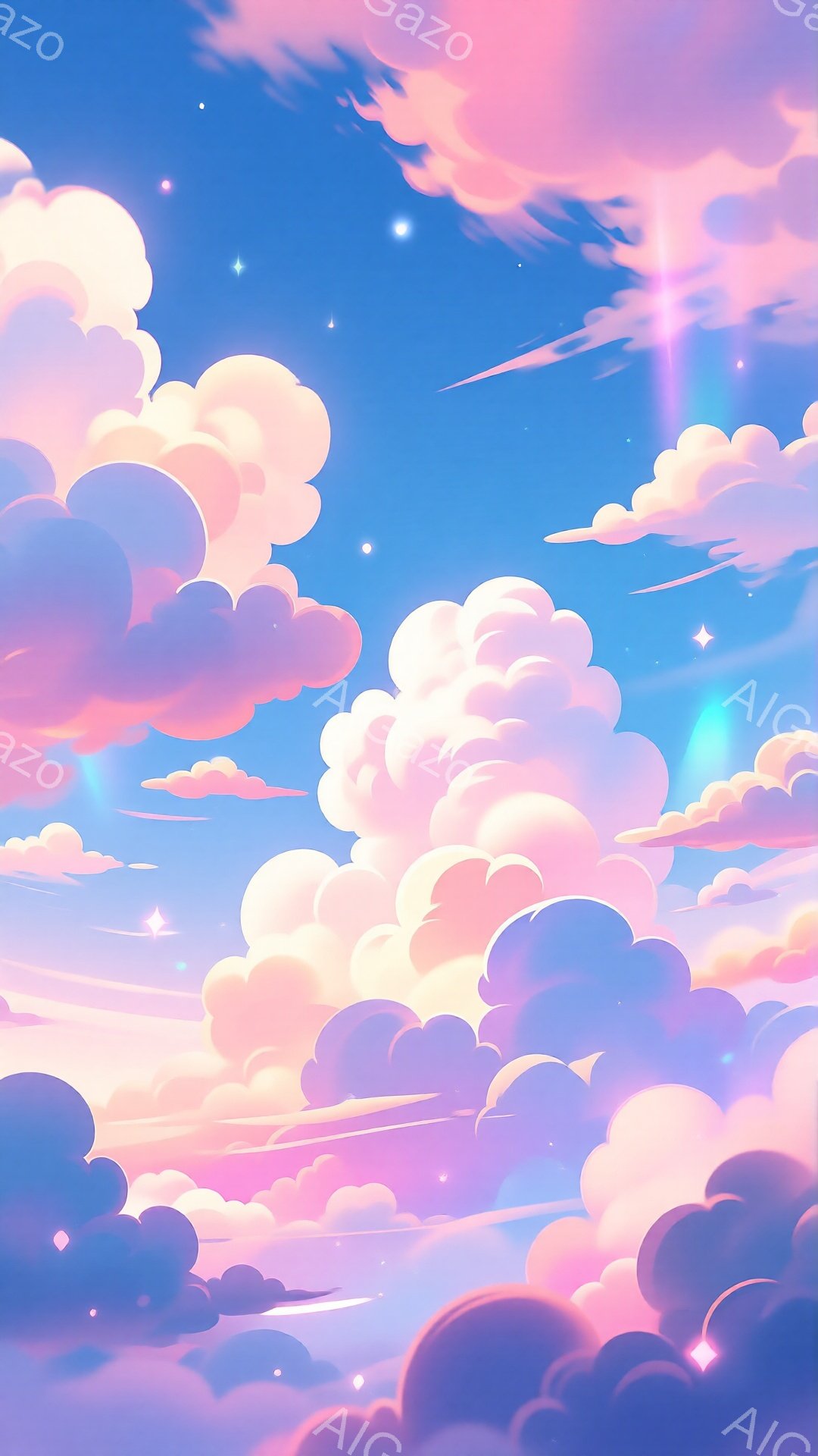 空は鮮やかなピンクと紫、そして青色が混ざり合い、幻想的なグラデーションを描いています。ふかふかの雲が空一面に広がり、まるで綿菓子のような優しい印象を与えます。星がいくつか散りばめられており、穏やかで夢 - AI生成フリー素材