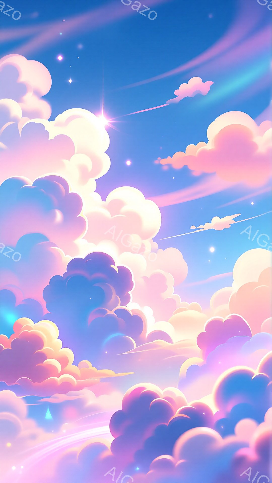 広大な空には、ピンク、紫、青色をしたふわふわとした雲が密集しており、まるで綿菓子のようです。雲の合間から、太陽の光が差し込み、空全体を明るく照らしています。遠くには飛行機雲が確認でき、穏やかで幻想的な雰囲気を醸し出しています。