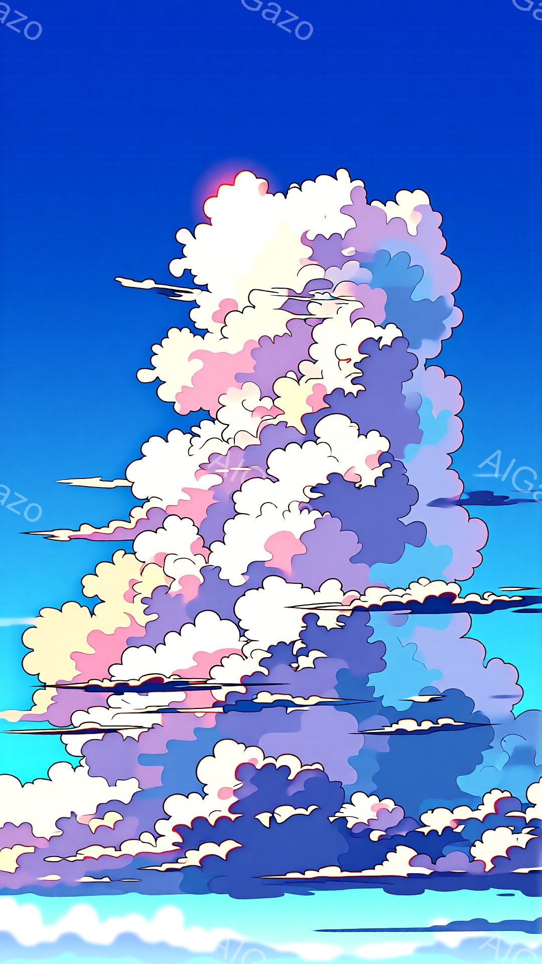 鮮やかな青空に、ピンクと紫色のもくもくとした雲が壮大に広がっている。雲はまるで巨大な塔のように積み重なり、光を受けて明るく輝いている。全体的に幻想的で、どこかノスタルジックな雰囲気を感じさせる。