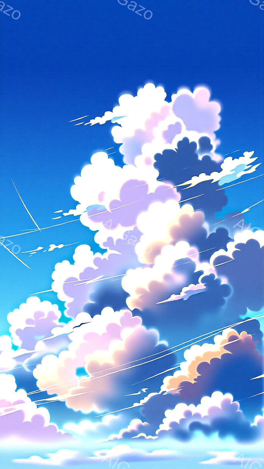 空には、白とピンクの色合いのふわふわとした雲が広がり、まるで綿菓子のように見えます。雲は様々な形をしており、青い空を背景に、薄い白い線がいくつか描かれており、飛行機雲のような印象を与えます。全体的に穏やかで幻想的な雰囲気が漂い、夢の中のような風景です。