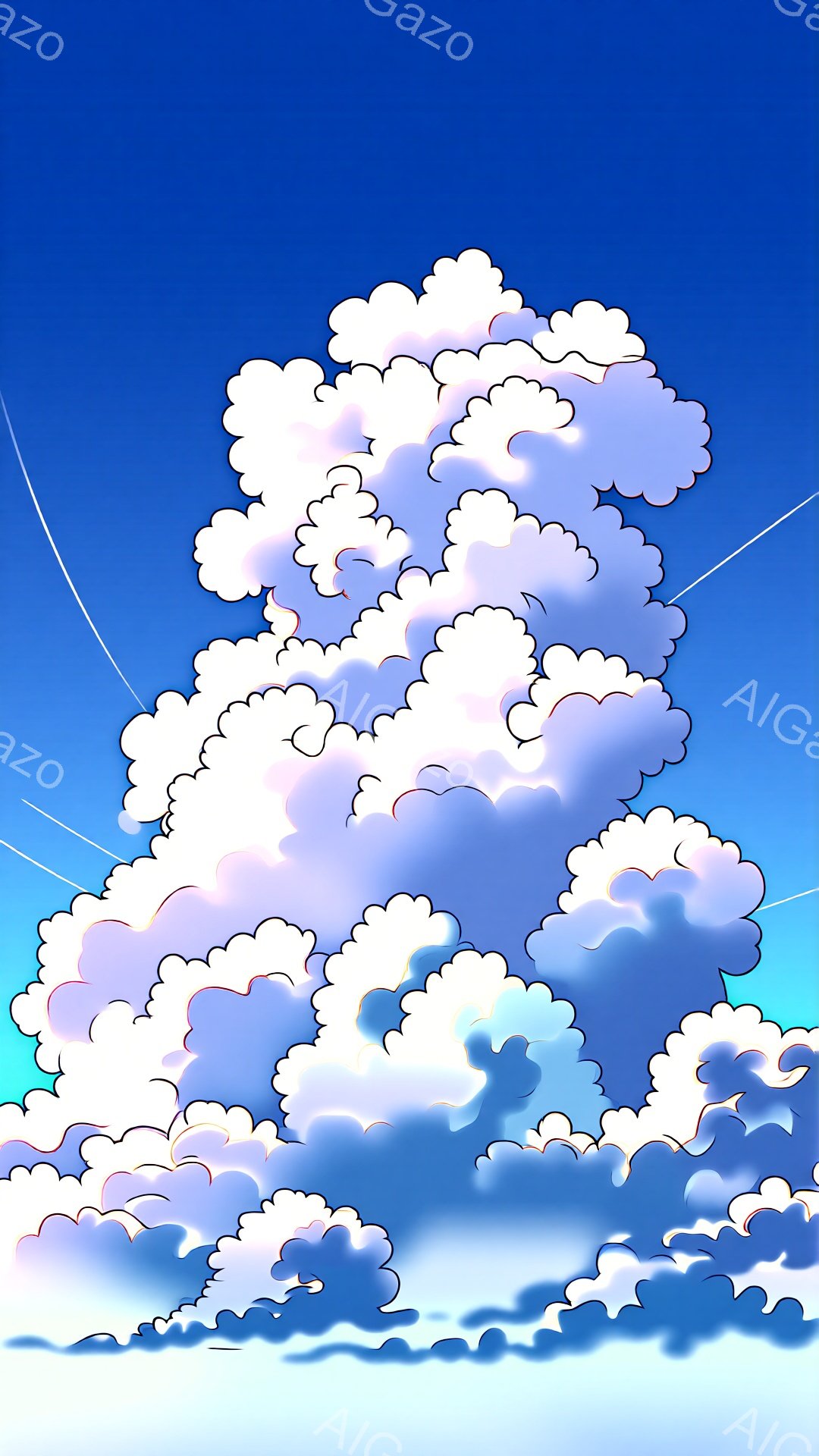 鮮やかな青空に、ふわふわとした白い雲が大きく広がっています。雲は綿のような質感で、日の光を浴びて淡いピンク色を帯びており、まるで絵画のような美しい空模様です。全体的に穏やかで、爽やかな印象を与える光景 - AI生成フリー素材