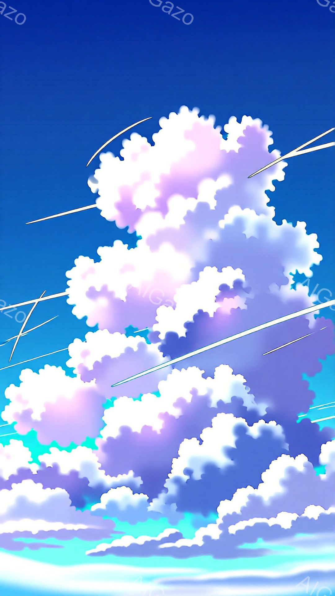 空は鮮やかな青色で、巨大な白い雲が浮かんでいます。雲は紫やピンクの淡い色合いが混ざり、まるで絵画のような幻想的な雰囲気を作り出しています。背景には、薄いピンク色の地平線が見え、雲が空を支配している様子 - AI生成フリー素材