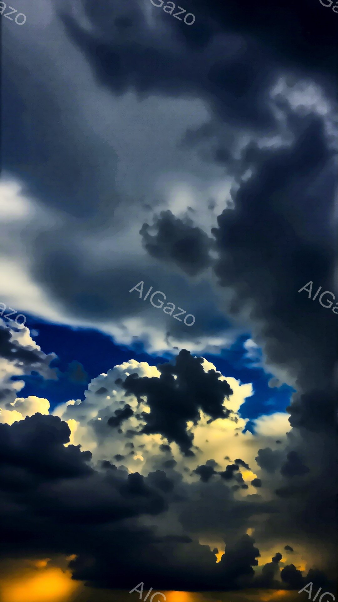 濃い雲が空一面に広がっており、一部に強いコントラストで照らされた部分が見られる。雲の陰影は深く、まるで荒々しい海の波のようにも見える。下部にはオレンジ色の光が差し込み、雲の暗い色合いと対照的に、ドラマ - AI生成フリー素材