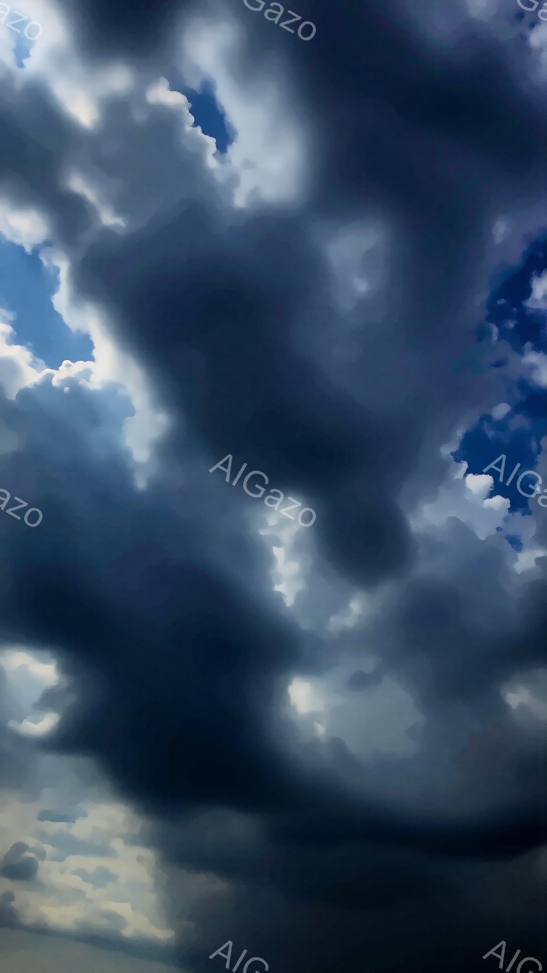濃い雲が空を覆い、一部に青空が見えている。雲の形は不規則で、重々しい雰囲気を醸し出しており、まるで嵐の前触れのように見える。光の加減で雲の陰影が強調され、ドラマチックな空の表情が捉えられている。