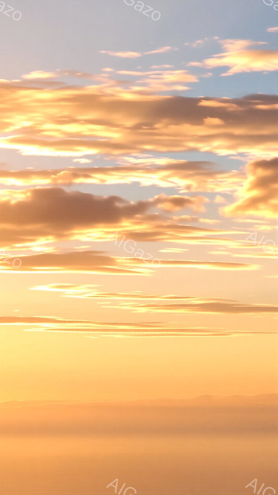 空は燃えるようなオレンジ色と淡い青色が混ざり合い、ドラマチックな夕焼け空を表現している。地平線付近にはぼんやりとした山の稜線が見え、雲の形は筆致のように広がり、穏やかさと壮大さを感じさせる。全体的に暖 - AI生成フリー素材