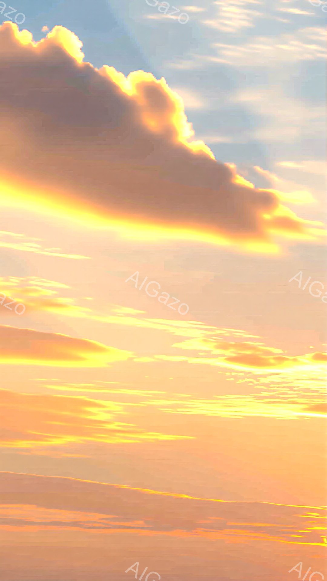 空は夕焼けの名残で、オレンジ、ピンク、そして淡いブルーが混ざり合い、美しいグラデーションを描いている。雲は柔らかく、まるで綿菓子のように空に浮かび、光を受けて金色に輝いている。全体的に暖かく、穏やかな雰囲気が漂い、安らぎを与えてくれる。