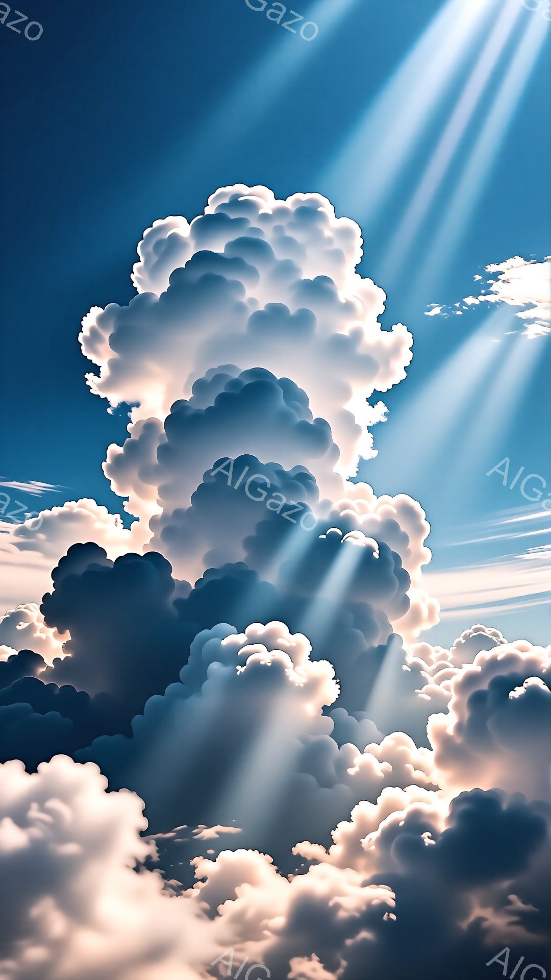 空は深い青色で、巨大な白い雲が積み重なっています。太陽光線が雲の間から差し込み、神々しい光景を作り出しています。雲は、その立体感と影によって、まるで彫刻のように見えます。