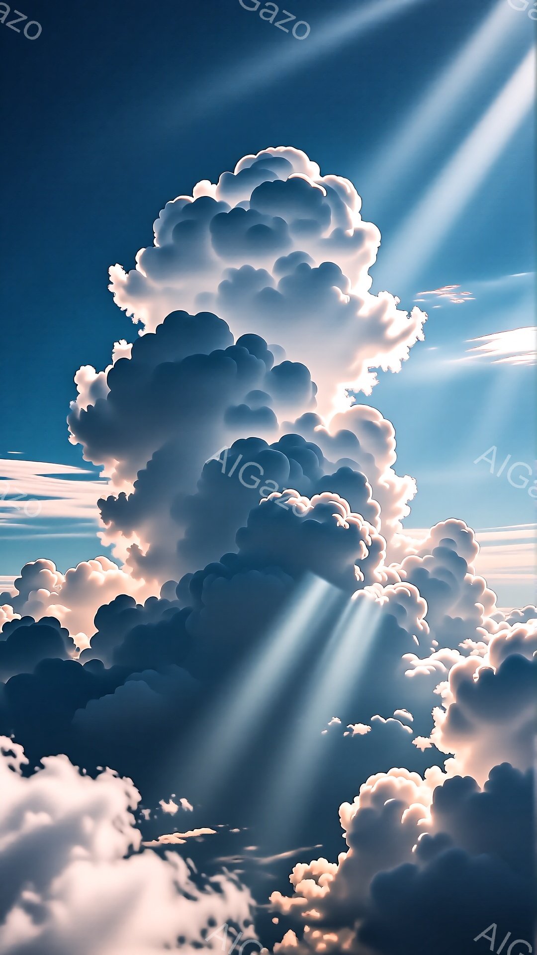 巨大な積乱雲が画面を埋め尽くし、太陽光線が雲間から差し込んでいる様子が描かれている。雲は濃い灰色から明るい白色へとグラデーションしており、光と影のコントラストが印象的だ。青空が背景に見え、壮大で神秘的な雰囲気を醸し出している。