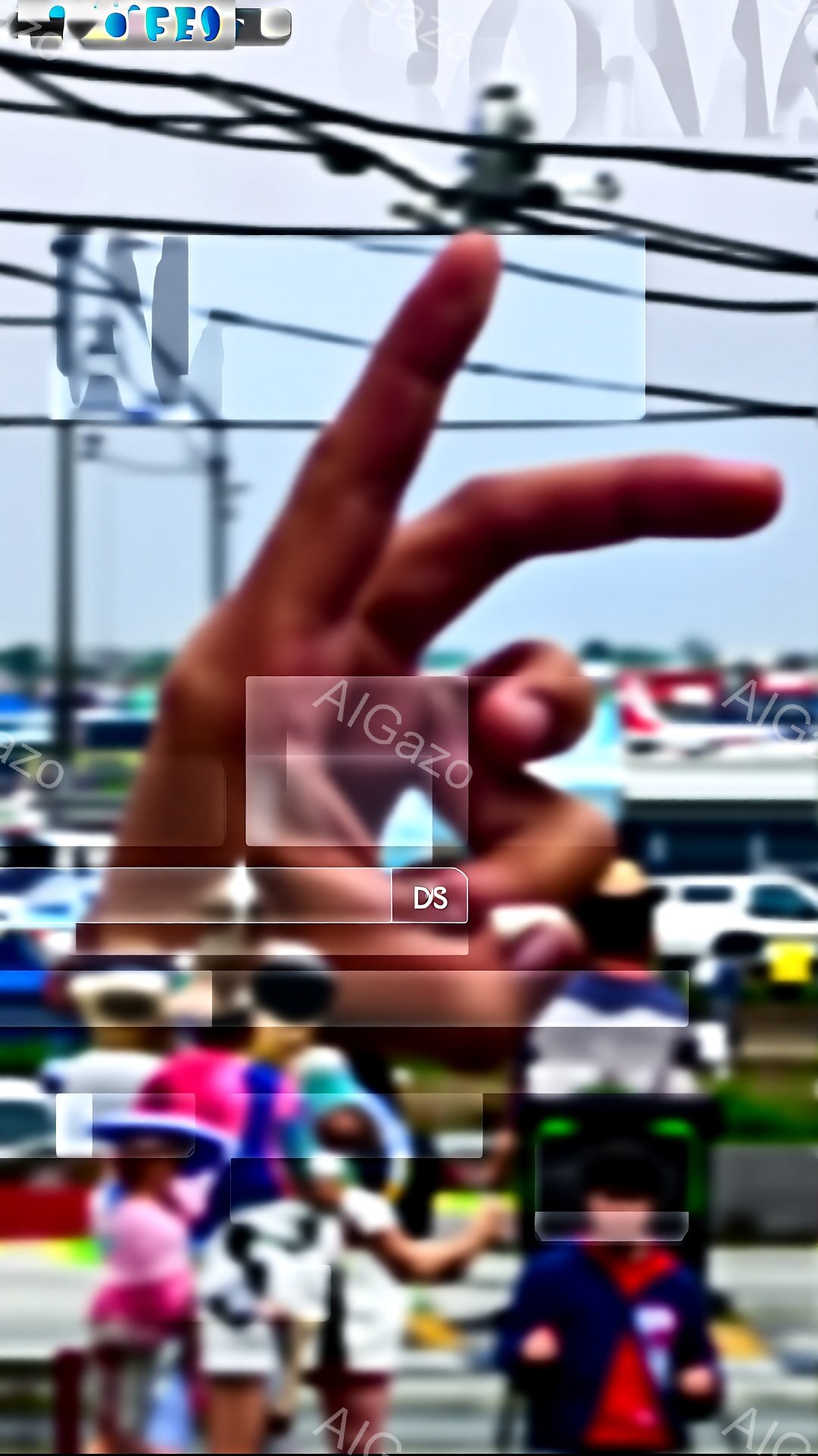 画像は、焦点の合っていない、騒々しい屋外のシーンを捉えています。複数の人物が、ぼやけた背景の車両や構造物の前に立っており、一人の人物がカメラに向かって腕を伸ばし、何かを指し示しています。全体的に、この画像はイベントや集まりの、活動的で活気のある瞬間を捉えた、臨場感あふれるスナップショットです。