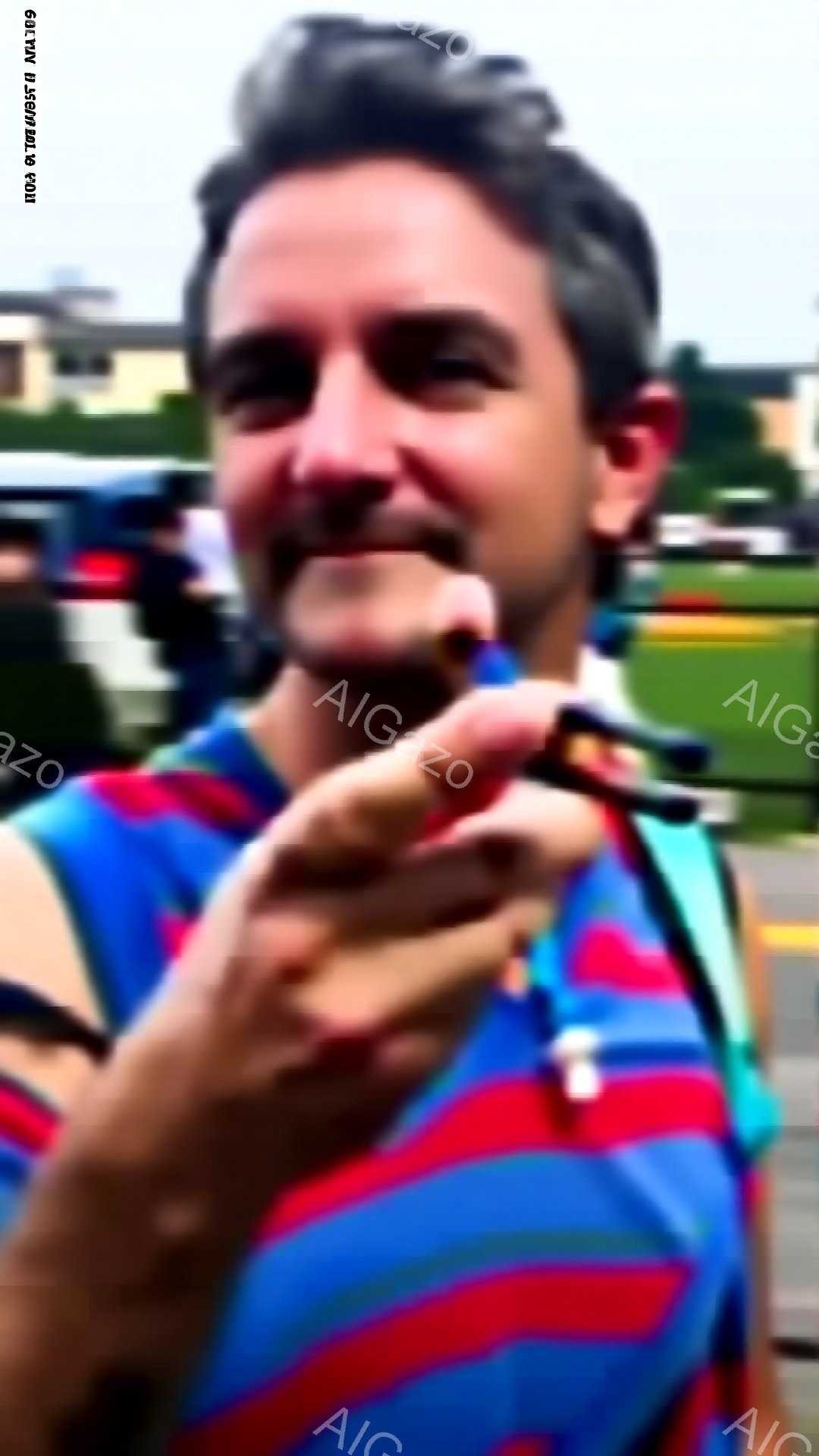 中年の男性がカメラに向かって指を差し伸べている。彼は赤いストライプのポロシャツを着ており、髪は短く白髪が混じっている。背景には緑の芝生、木々、そしてぼやけた建物が見え、晴天の下、活気に満ちた屋外の様子が伝わってくる。