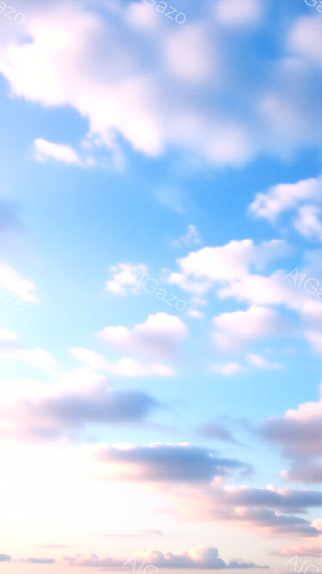 広大な空が写っており、淡いピンク色から水色へとグラデーションがかかっています。白くふわふわとした雲が空中に漂い、まるで綿菓子のような優しい印象を与えます。地平線には霞んだオレンジ色のラインが見え、穏や - AI生成フリー素材