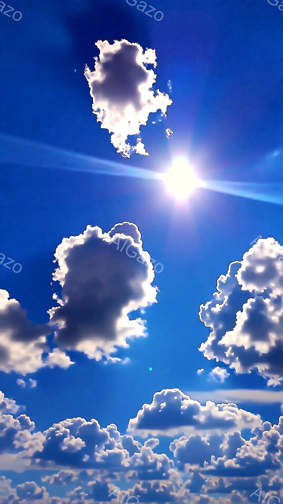 鮮やかな青空に、ふわふわとした白い雲が広がり、太陽が雲間から強く輝いている。雲は様々な形をしており、まるで綿菓子のようにも見える。全体的に晴れやかで、明るく爽やかな雰囲気が漂っている。