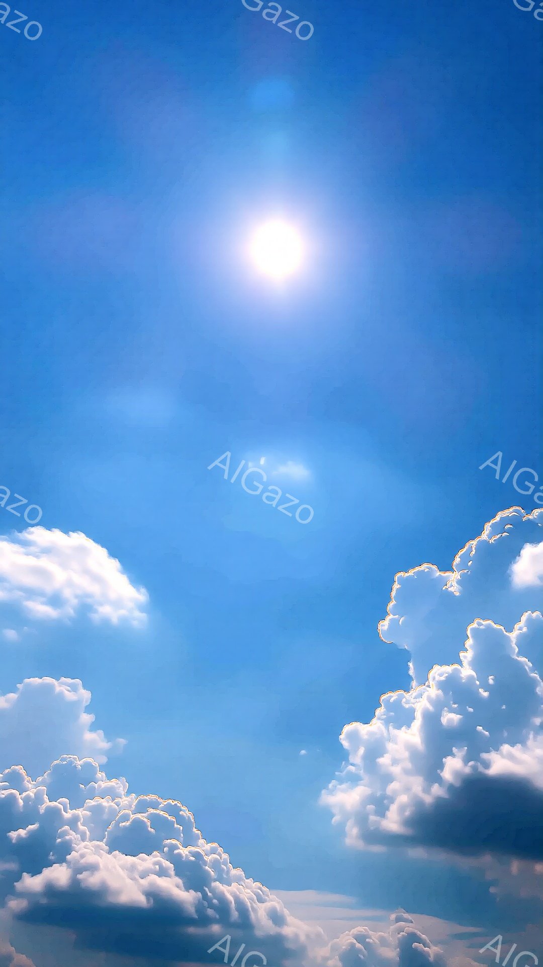 鮮やかな青空に、白くふっくらとした雲が浮かんでいます。太陽は雲の合間から輝き、空全体を明るく照らしています。雲の形は様々で、綿のように柔らかい印象を与え、穏やかで平和な雰囲気を醸し出しています。