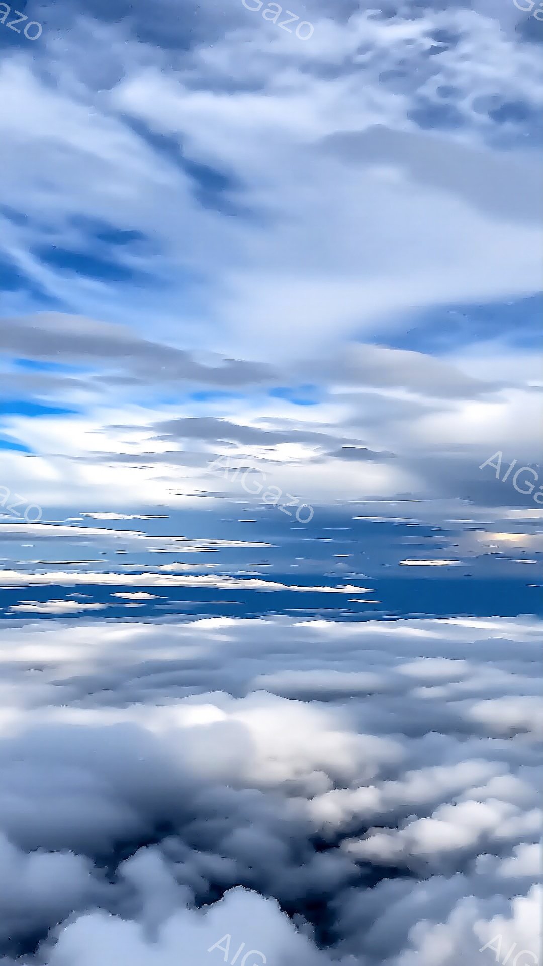 雲海が広がり、青空と白雲が織りなす幻想的な風景が広がっている。太陽の光が雲を照らし、明るさと影のコントラストが美しい。まるで空から地上を見下ろしているかのような視点であり、どこか神秘的な雰囲気を漂わせている。