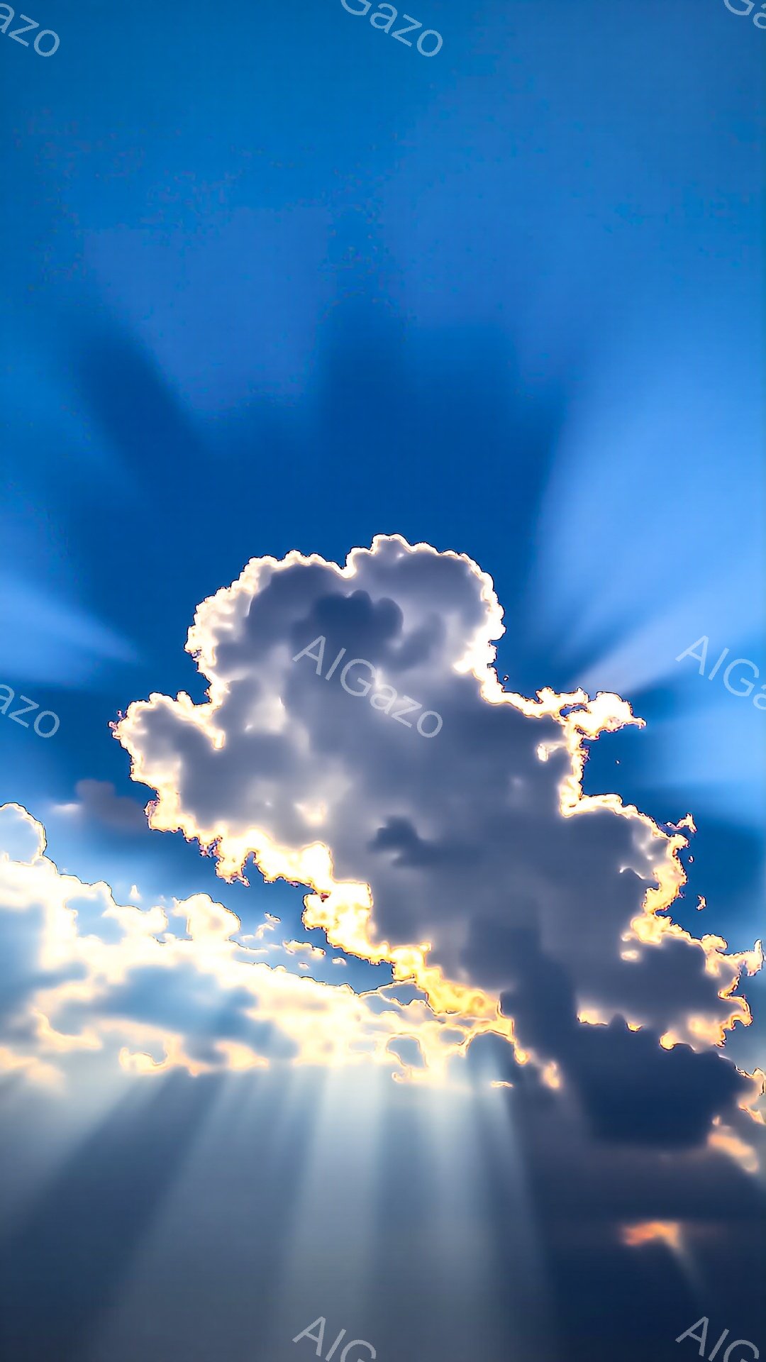 雲が空一面に広がり、太陽の光が雲の縁を金色に輝かせている。光線は雲の間から放射状に降り注ぎ、幻想的で神聖な雰囲気を醸し出している。空は濃い青色で、雲のコントラストが際立ち、壮大な自然の美しさを表現している。