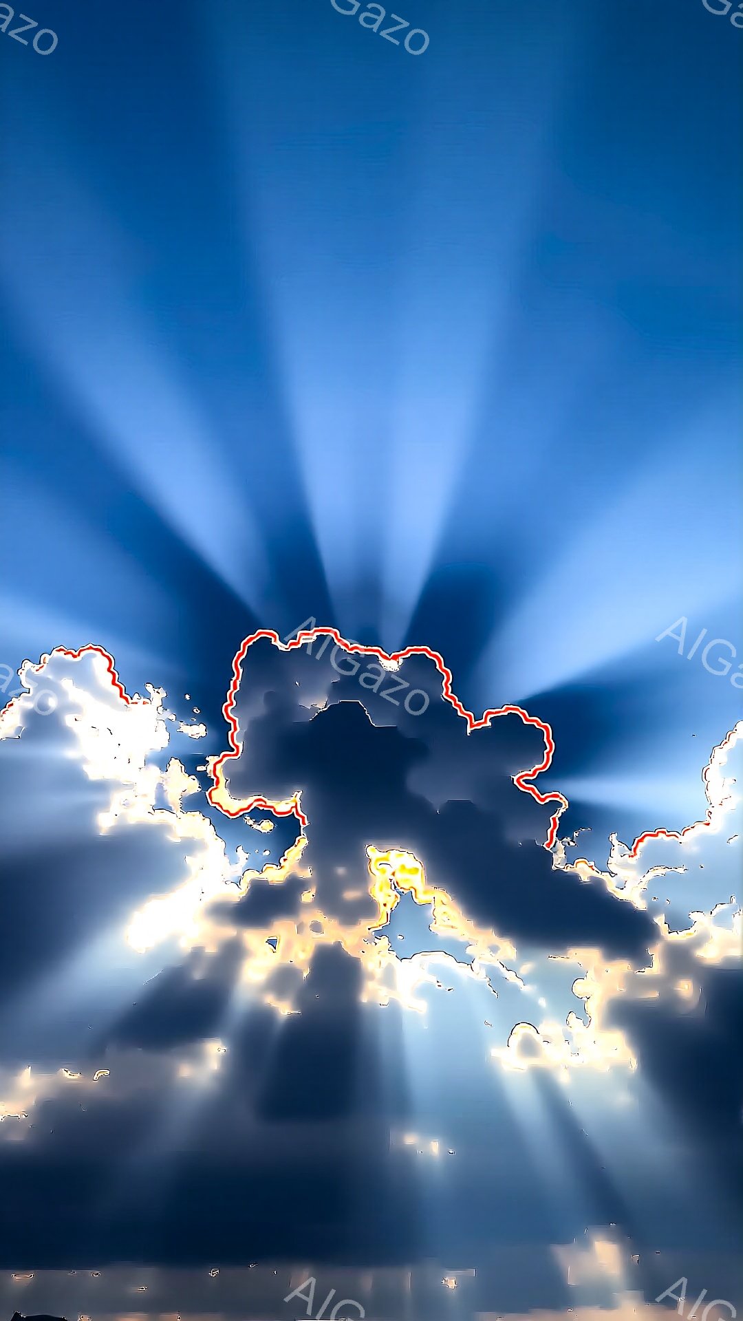 濃い影の中に人物がシルエットで見え、頭部のみが明確に表現されています。背景は光線が放射状に広がる鮮やかな青空で、雲が光を遮りながら幻想的な雰囲気を醸し出しています。光の表現と暗い人物像のコントラストが、神秘的でドラマチックな印象を与えます。